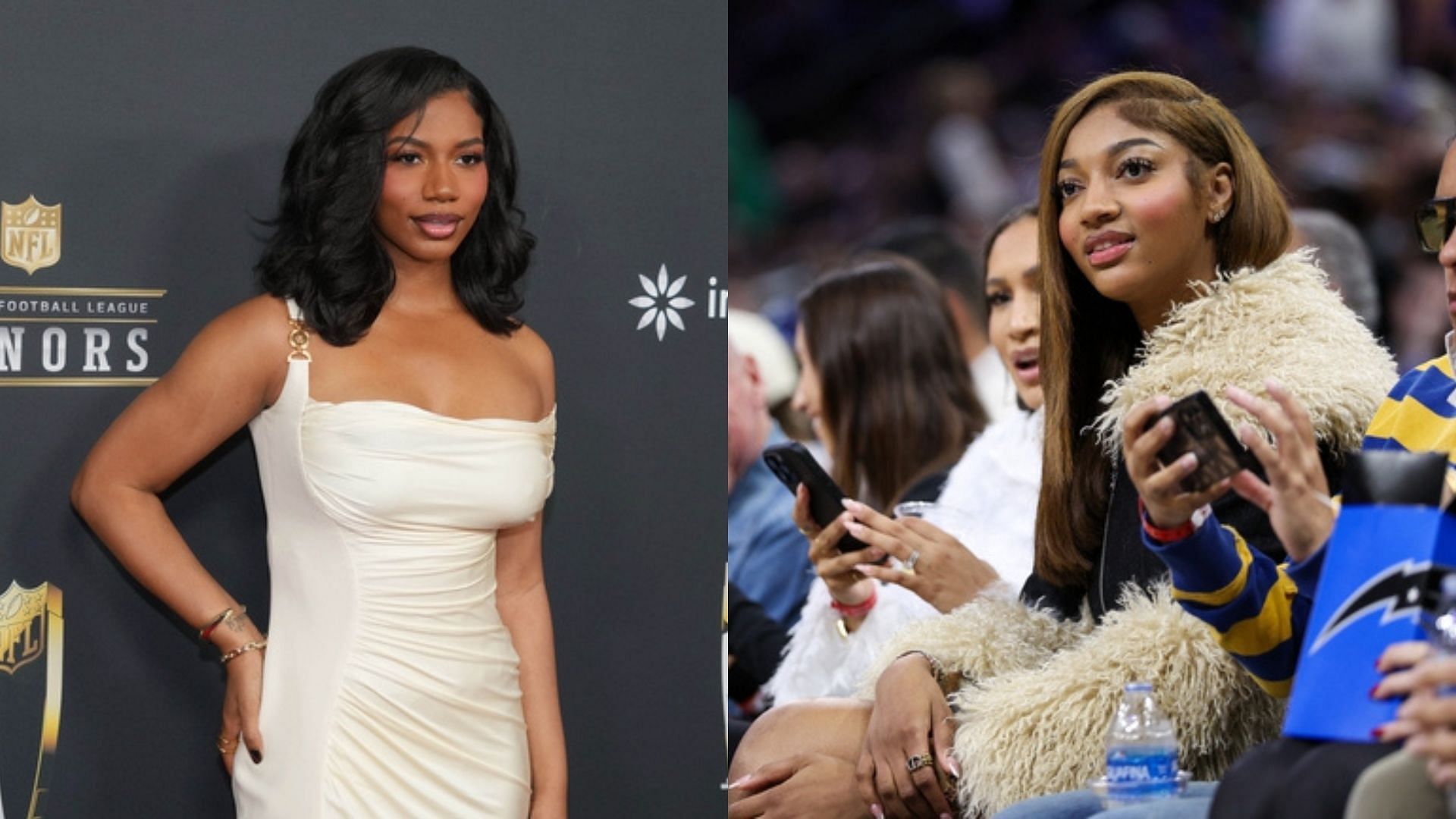 Taylor Rooks poses for a photo at the Super Bowl, Chicago Sky forward Angel Reese (5) looks on during a NBA game. Photo Credits: Imagn