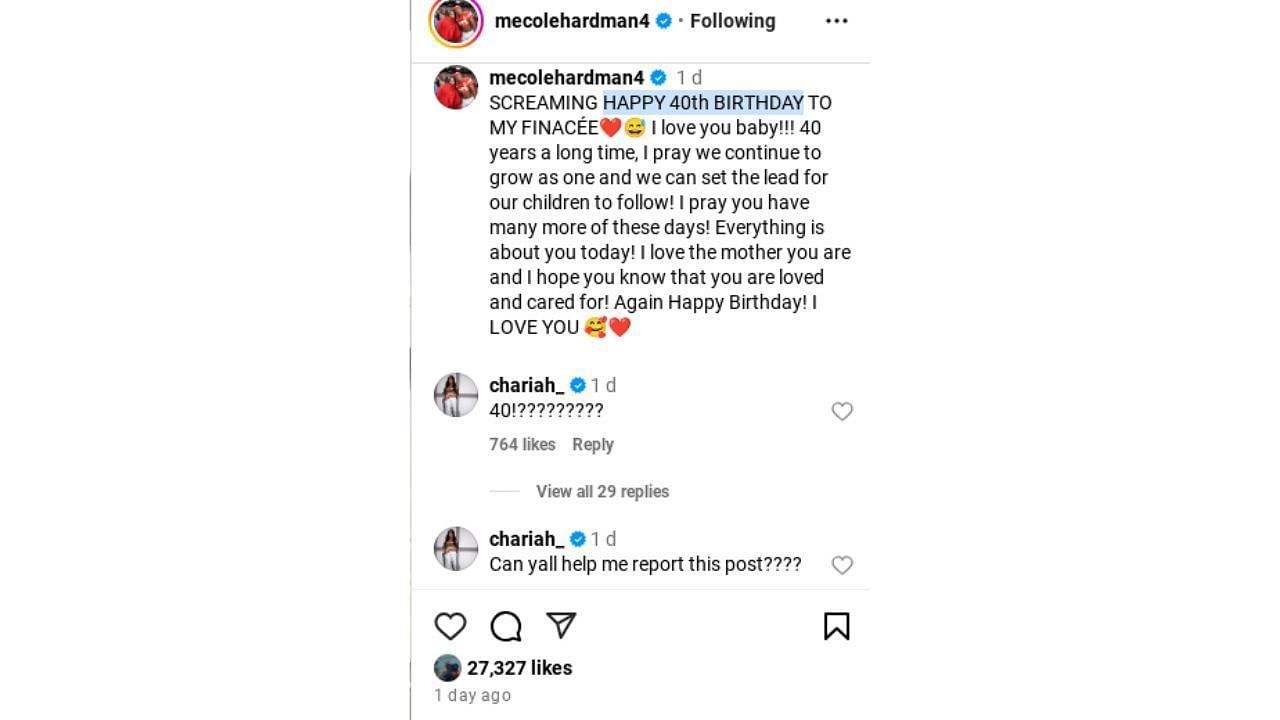 Chariah Gordon comments on fiancee Mecole Hardman Jr.&#039;s post. (Credits: IG/ @mecolehardman4)