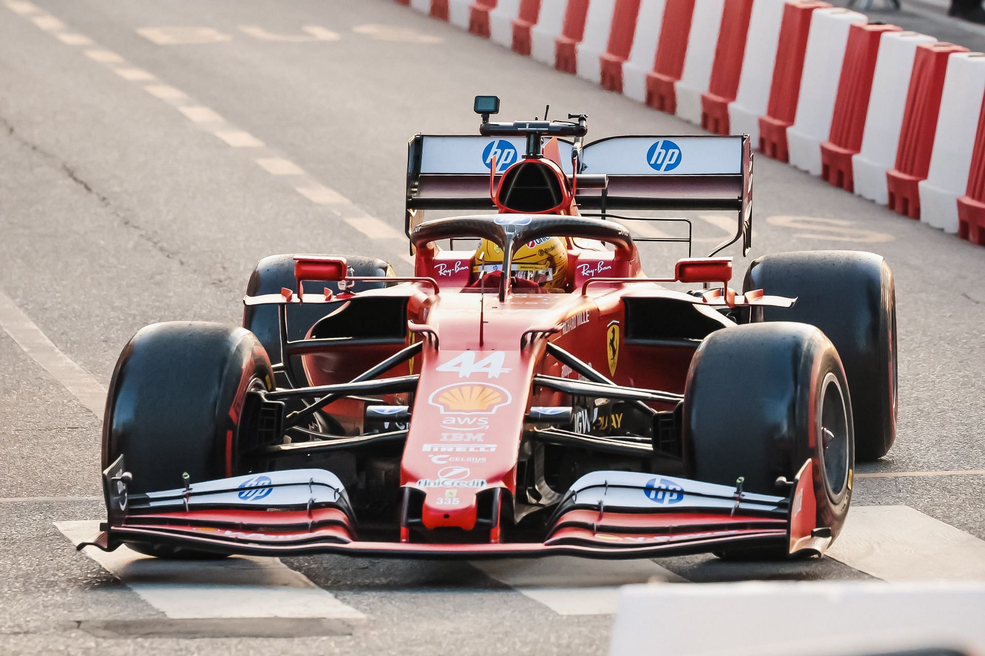 Lewis Hamilton during the Scuderia Ferrari HP drivers&#039; presentation at the City Centre circuit in Milan - Source: Getty