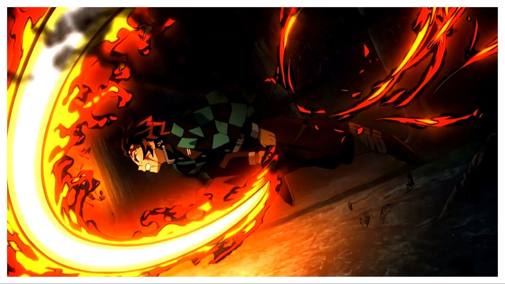 Tanjiro using the Hinokami Kagura in battle (Image via Ufotable)