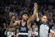 Carter Starocci after winning the 184 lb title during the 2025 NCAA Championships at the Walls Fargo Center (Image via: Getty Images)