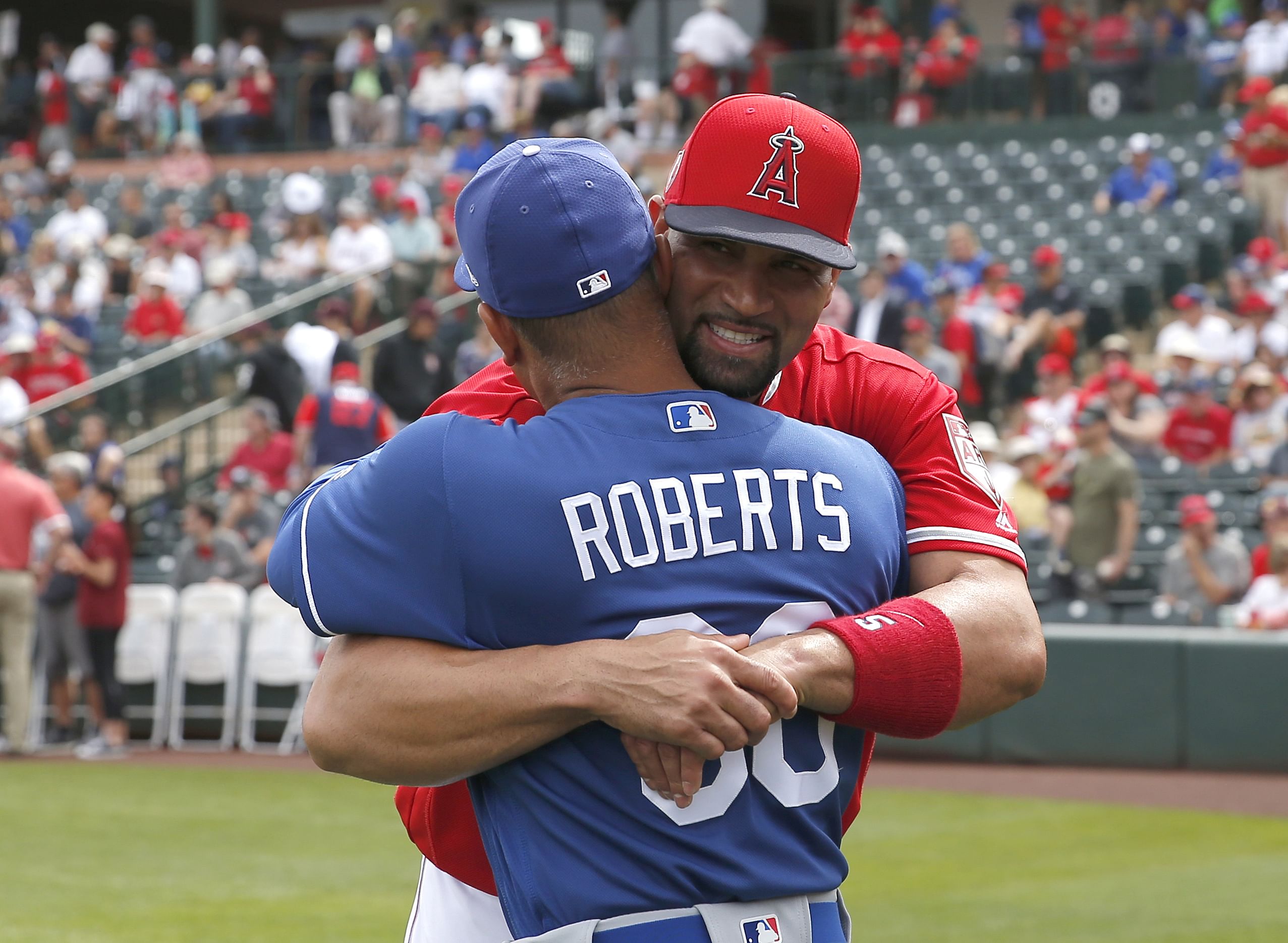 Los Angeles Dodgers at Los Angeles Angels - Albert Pujols and Dave Roberts (Photo via IMAGN)