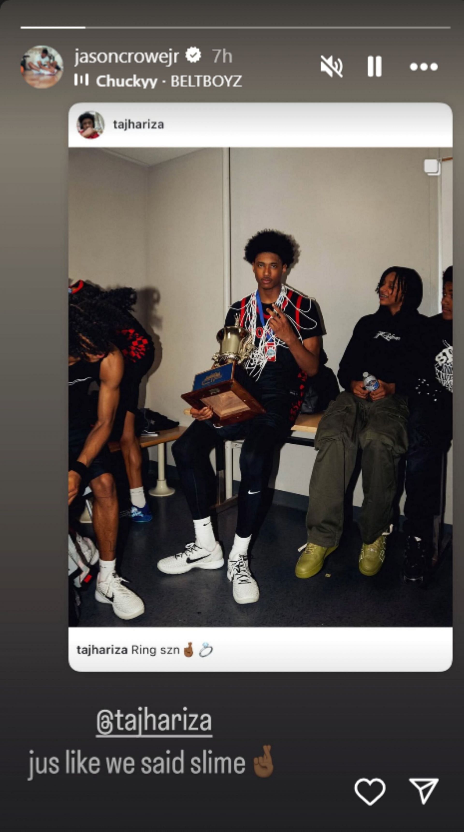 5-star Jason Crowe Jr. hypes up Tajh Ariza following Championship win over Alijah Arenas&rsquo; Chatsworth (Image: IG/jasoncrowejr)