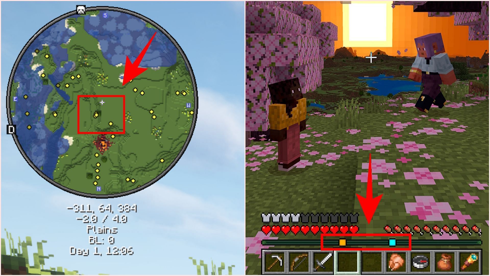 The player locator bar will show players as dots and the direction they are in (Image via Sportskeeda Gaming/Mojang Studios)