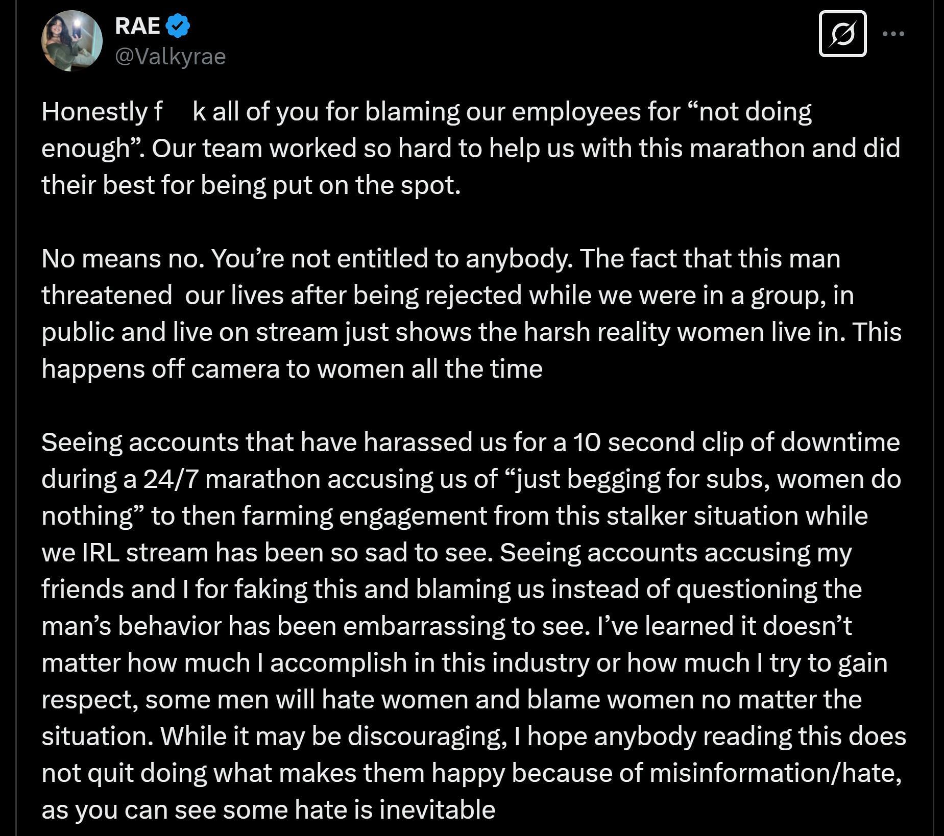 Valkyrae&#039;s X post in which she called those out who accused her of faking the recent incident (Image via @Valkyrae/X)