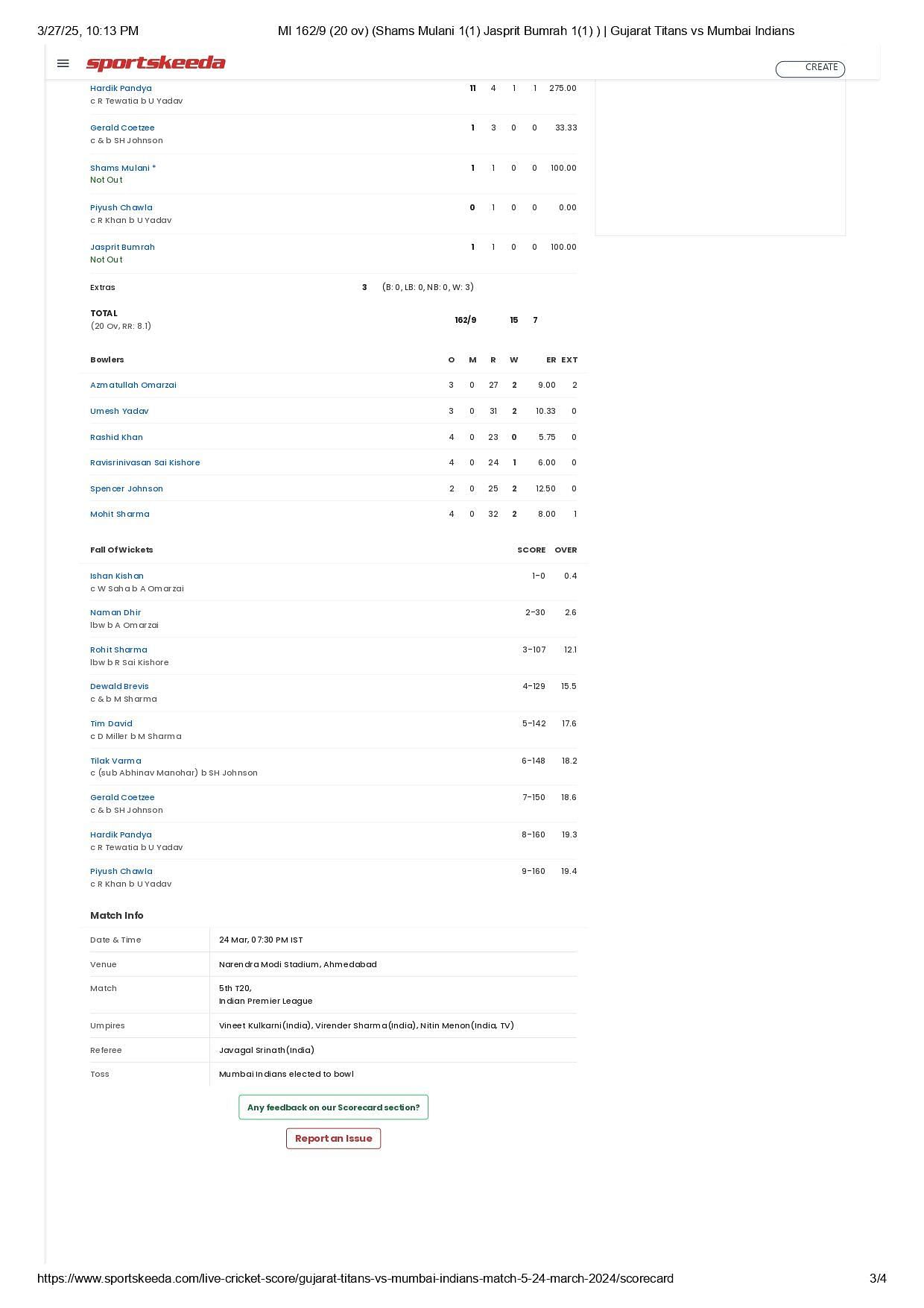 GT vs MI IPL 2024 scorecard.