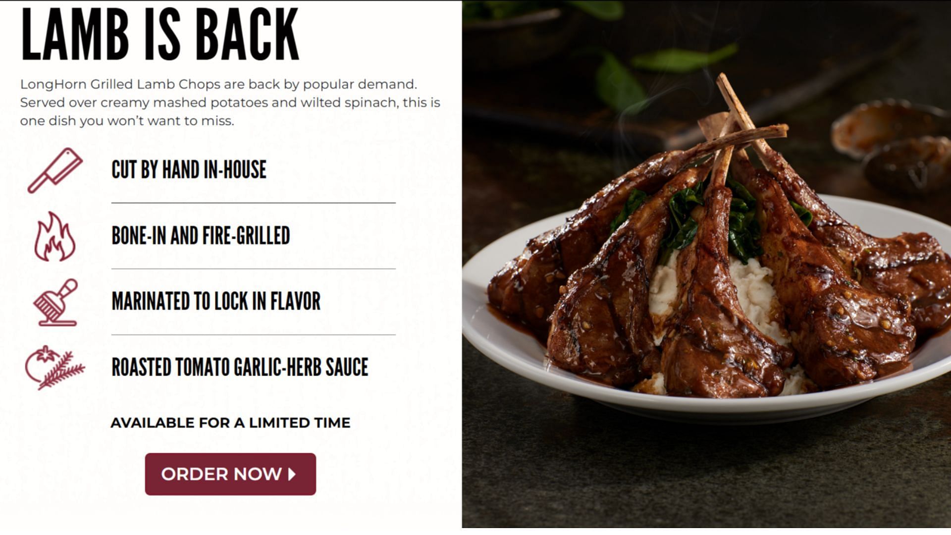 Lamb chops are available for a limited time only- no end date specified (Image via LongHorn Steakhouse)