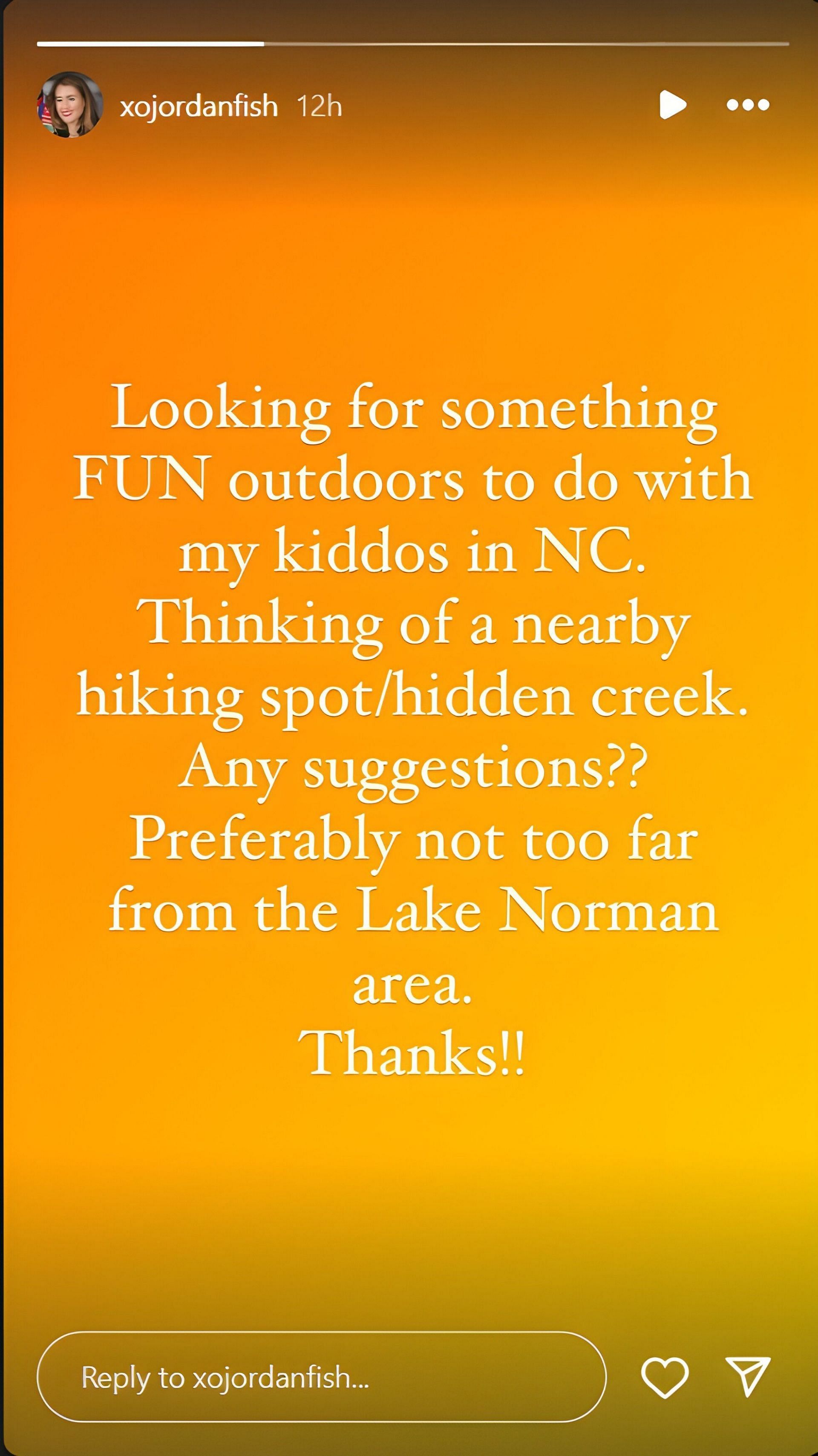 Denny Hamlin&#039;s fiance Jordan Fish&#039;s story on Instagram, asking for suggestions for outdoor activities for her children. Source: via Instagram, @xojordanfish