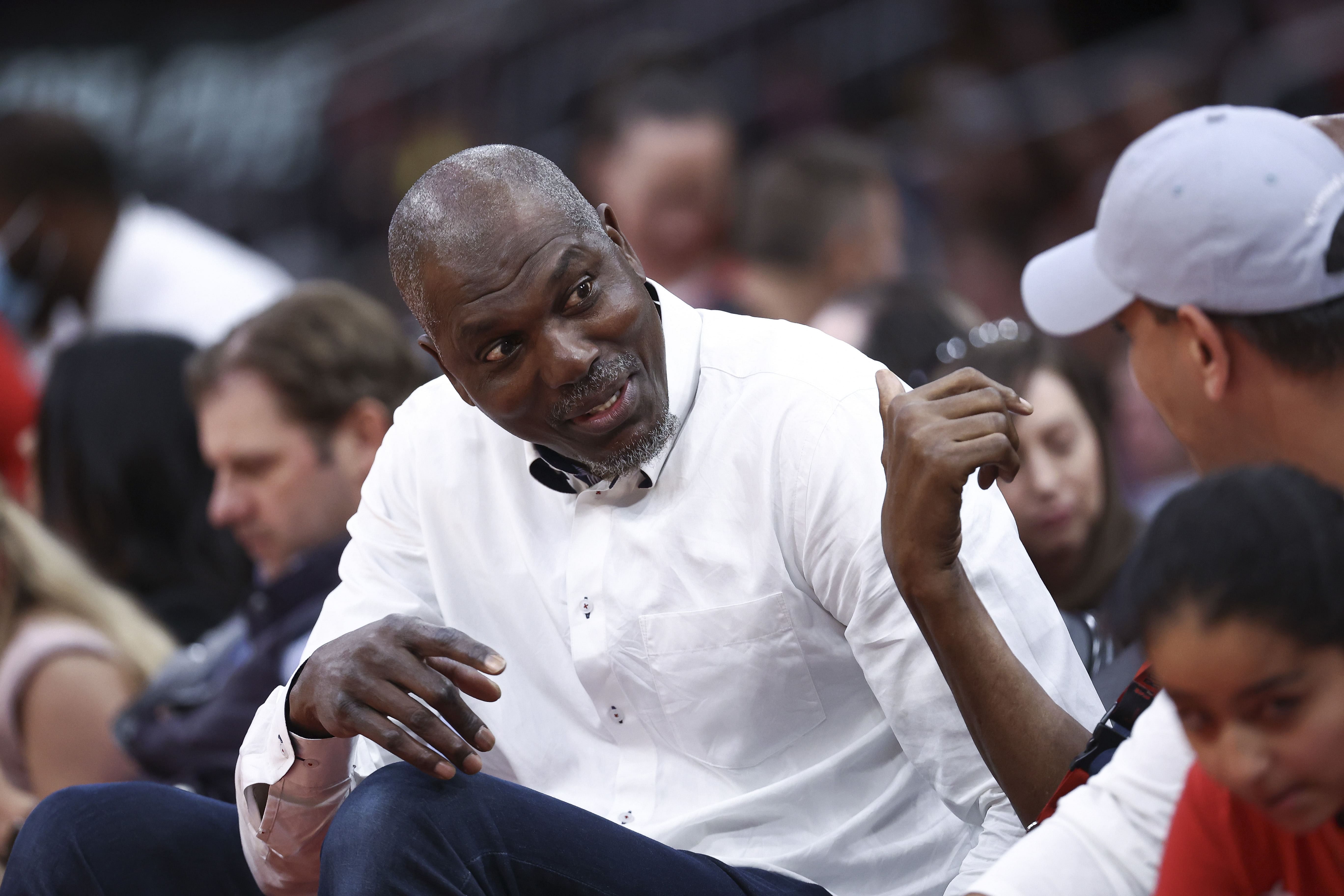 Mar 6, 2022; Houston, Texas, USA; NBA Hall of Fame member Hakeem Olajuwon during the game between the Houston Rockets and the Memphis Grizzlies at Toyota Center. Mandatory Credit: Troy Taormina-Imagn Images - Source: Imagn