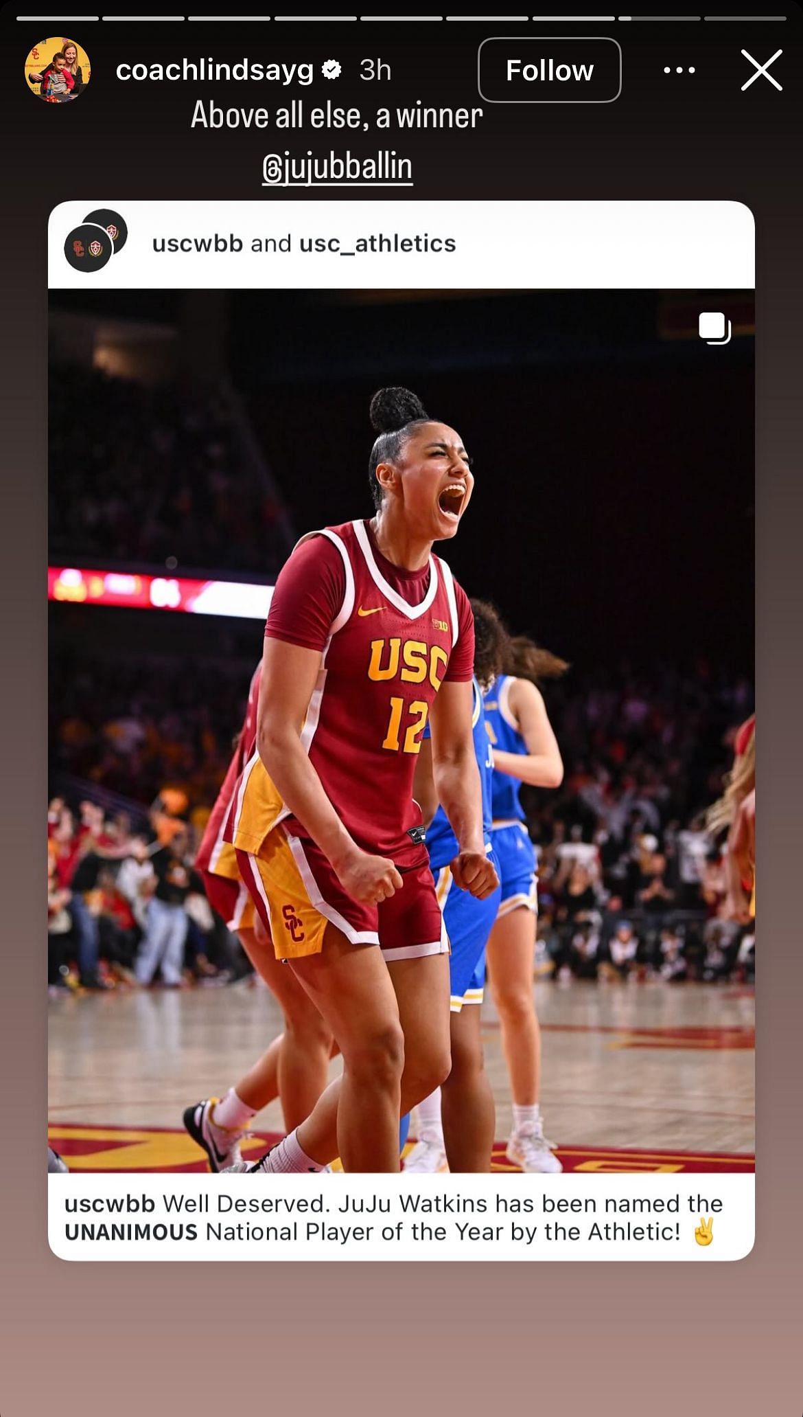 Lindsay Gottlieb shares JuJu Watkins&#039; NPOTY accolade on her IG story