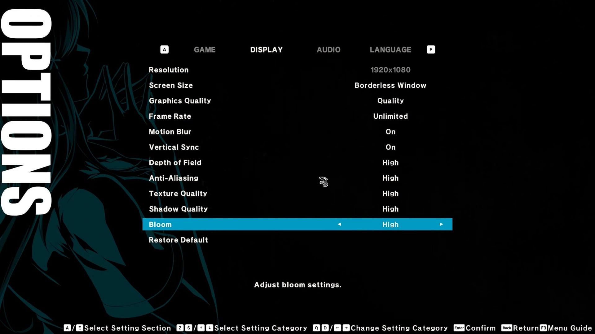 BLEACH Rebirth of Souls graphics settings page (Image via BANDAI NAMCO)