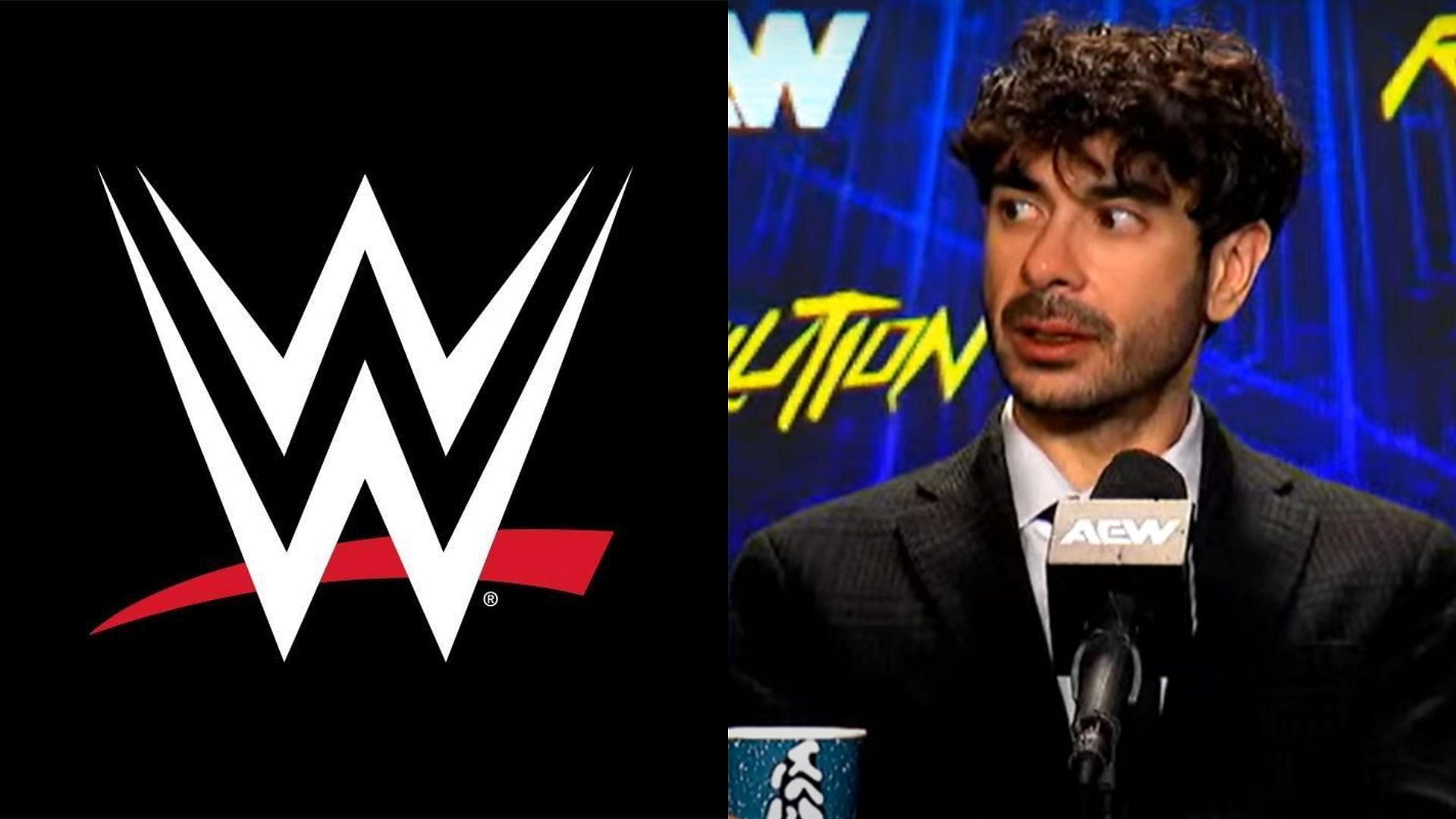 WWE logo (left) and Tony Khan (right). (Image credits: WWE Facebook page &amp; AEW YouTube channel)