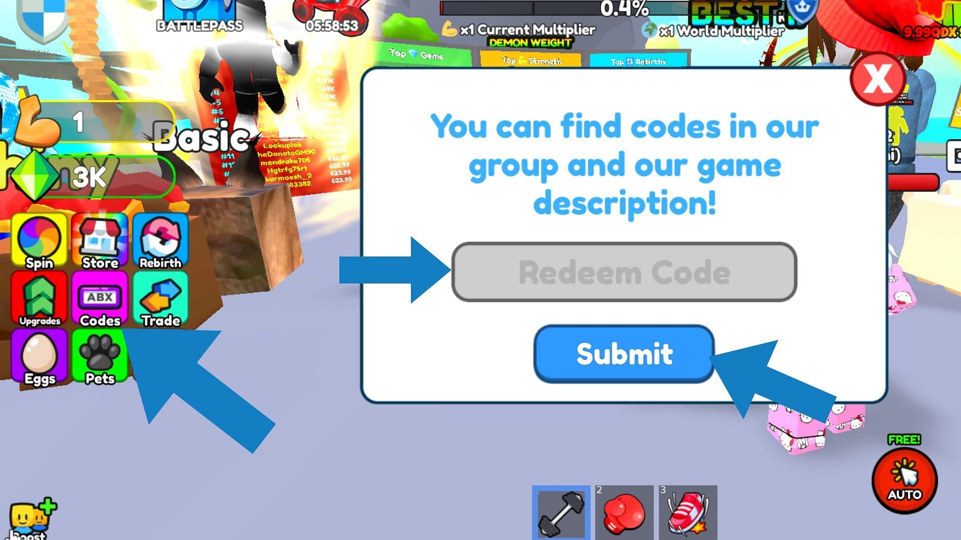 Code redemption window in Strongest Lifter Simulator (Image via Roblox)