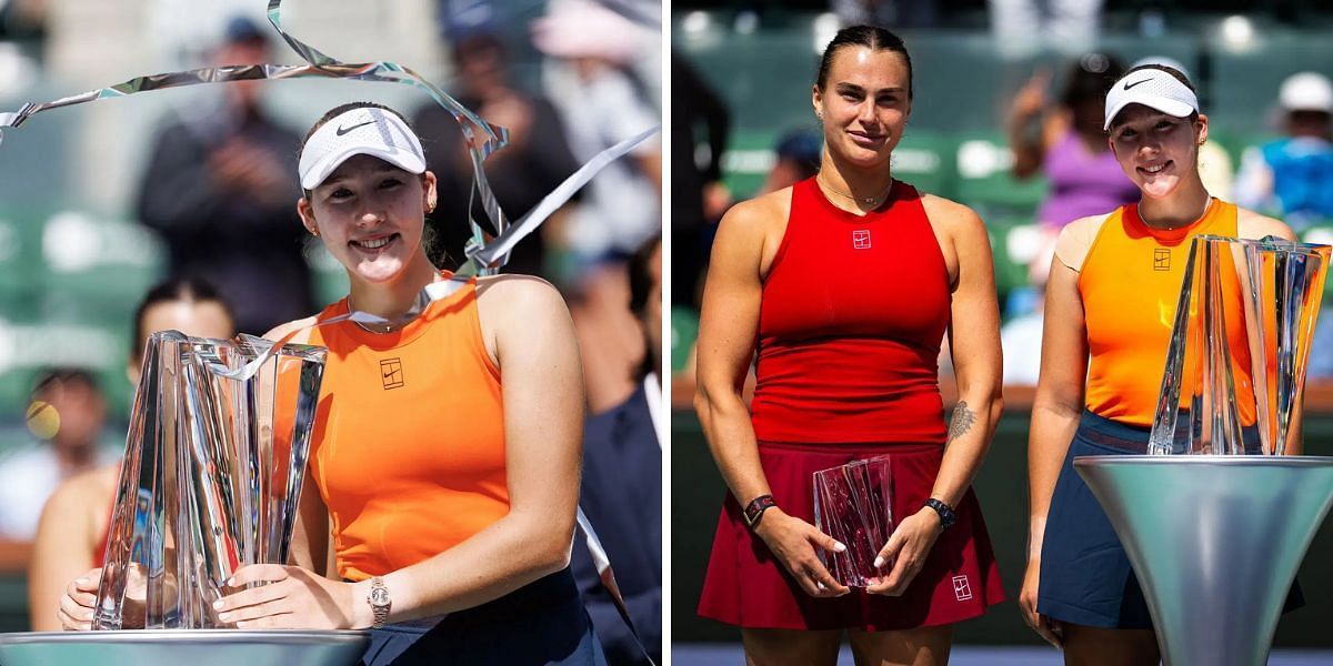 Mirra Andreeva and Aryna Sabalenka pose with their trophies at Indian Wells. Source: Getty