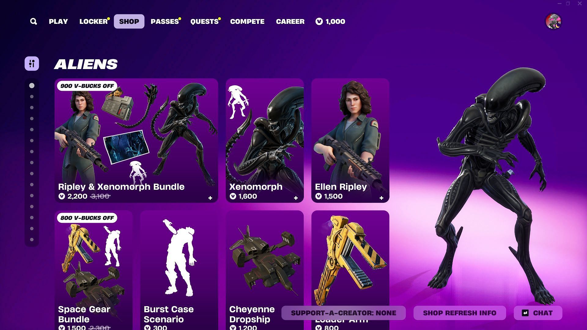 You can now purchase the Xenomorph and Ripley skins in Fortnite (Image via Epic Games)