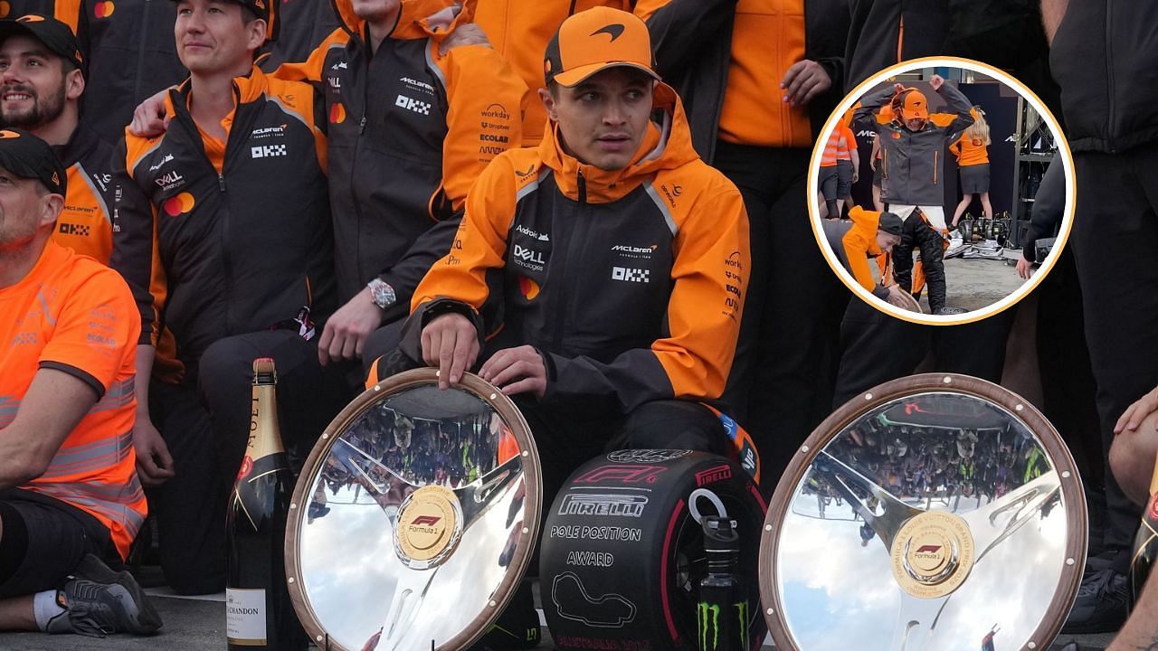 Lando Norris almost breaks his Australian GP trophy during post race celebrations [inset via instagram/f1] [image via Getty]