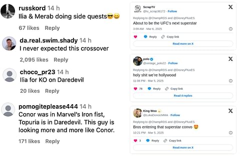 Fans react to Ilia Topuria's collaboration with Marvel's Daredevil. [Screenshot courtesy: X & @disneypluses via. Instagram] ]