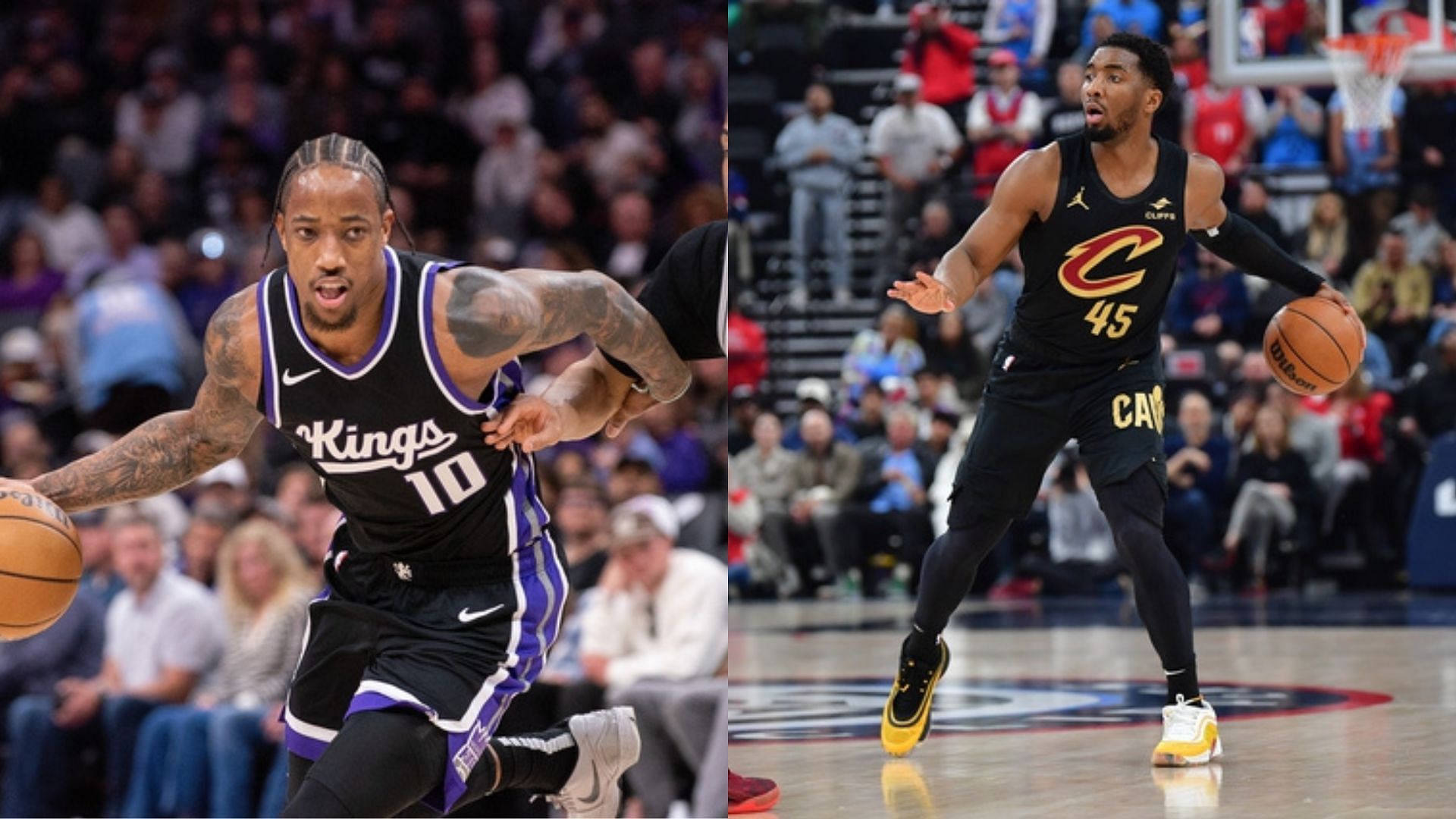 Sacramento Kings forward DeMar DeRozan dribbles down the court, Cleveland Cavaliers guard Donovan Mitchell during an NBA game. Photo Credits: Imagn 