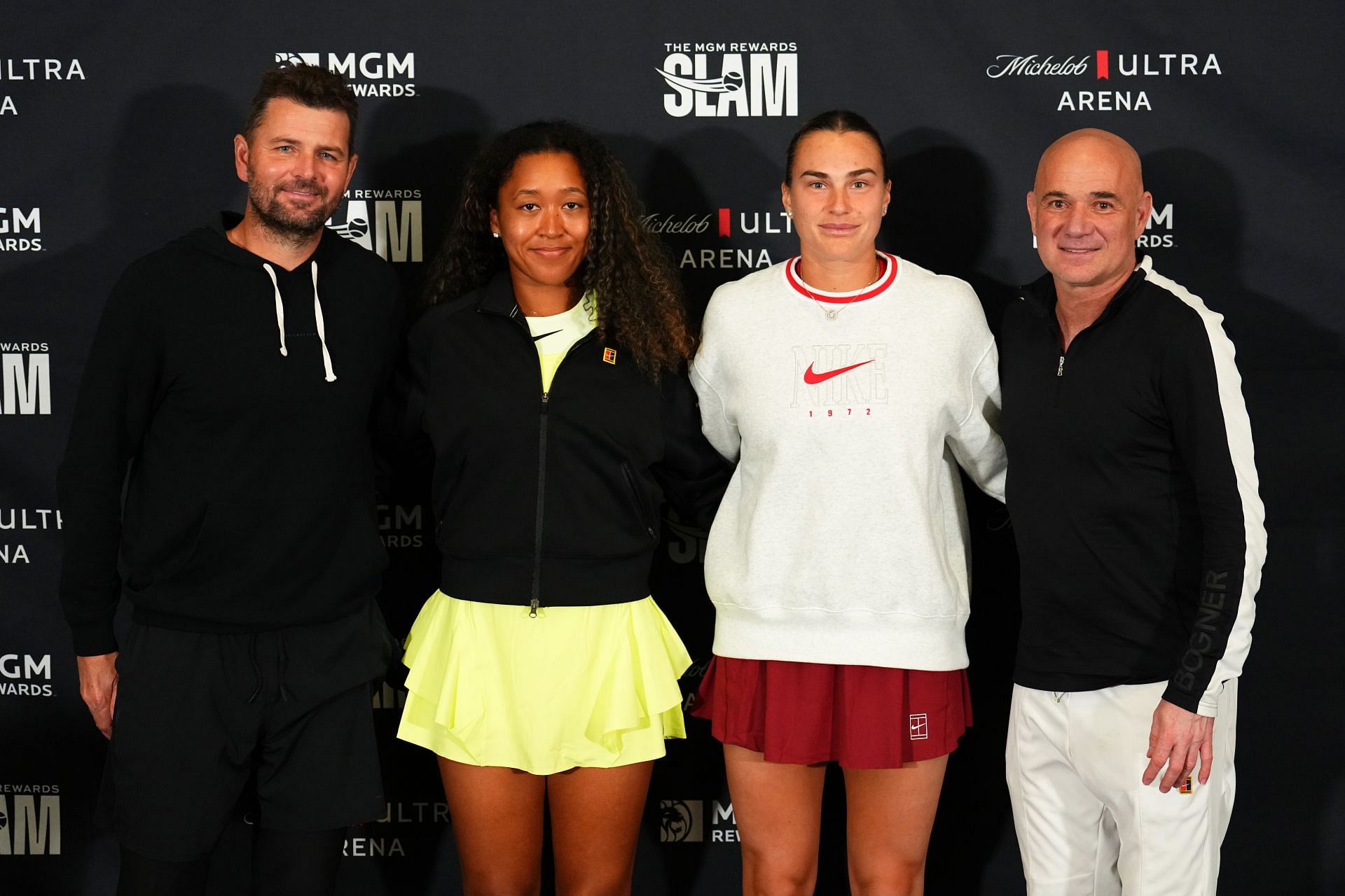 Andre Agassi, Aryna Sabalenka, Naomi Osaka, and Mardy Fish at The MGM Rewards Slam - Image Source: Getty