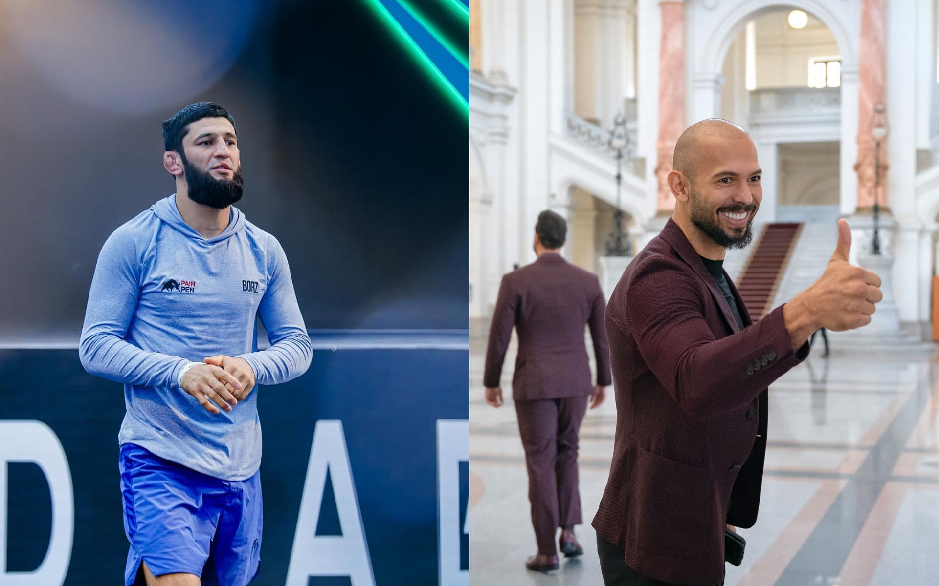 Khamzat Chimaev (left), Andrew Tate (right), and Tam Khan help raise over $250,000+ for children in Yemen. [Images courtesy: @khamzat_chimaev @ on Instagram and Getty Images]