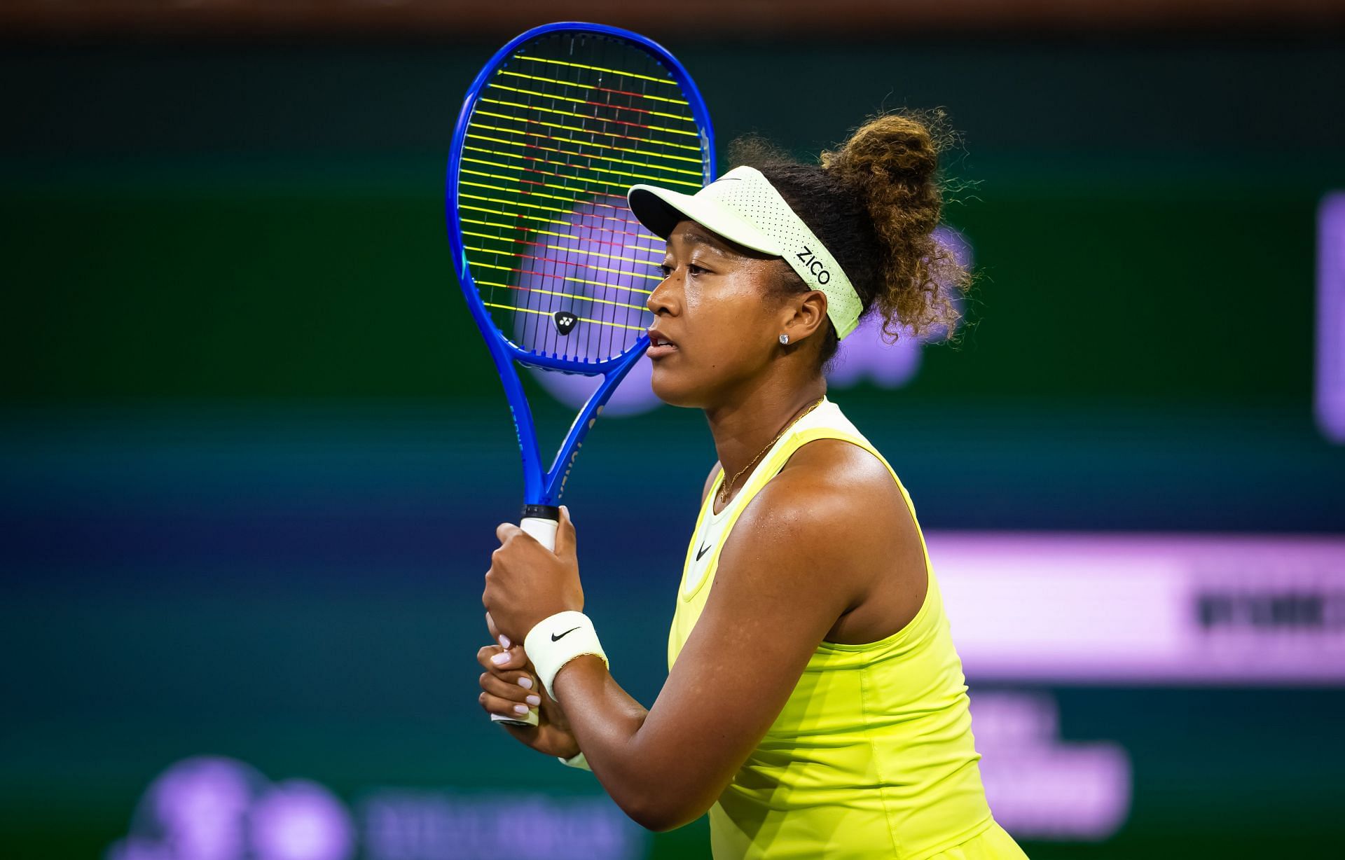 Naomi Osaka of Japan in action against Camila Osorio of Colombia in the first round on Day 1 of the BNP Paribas Open - Source: Getty