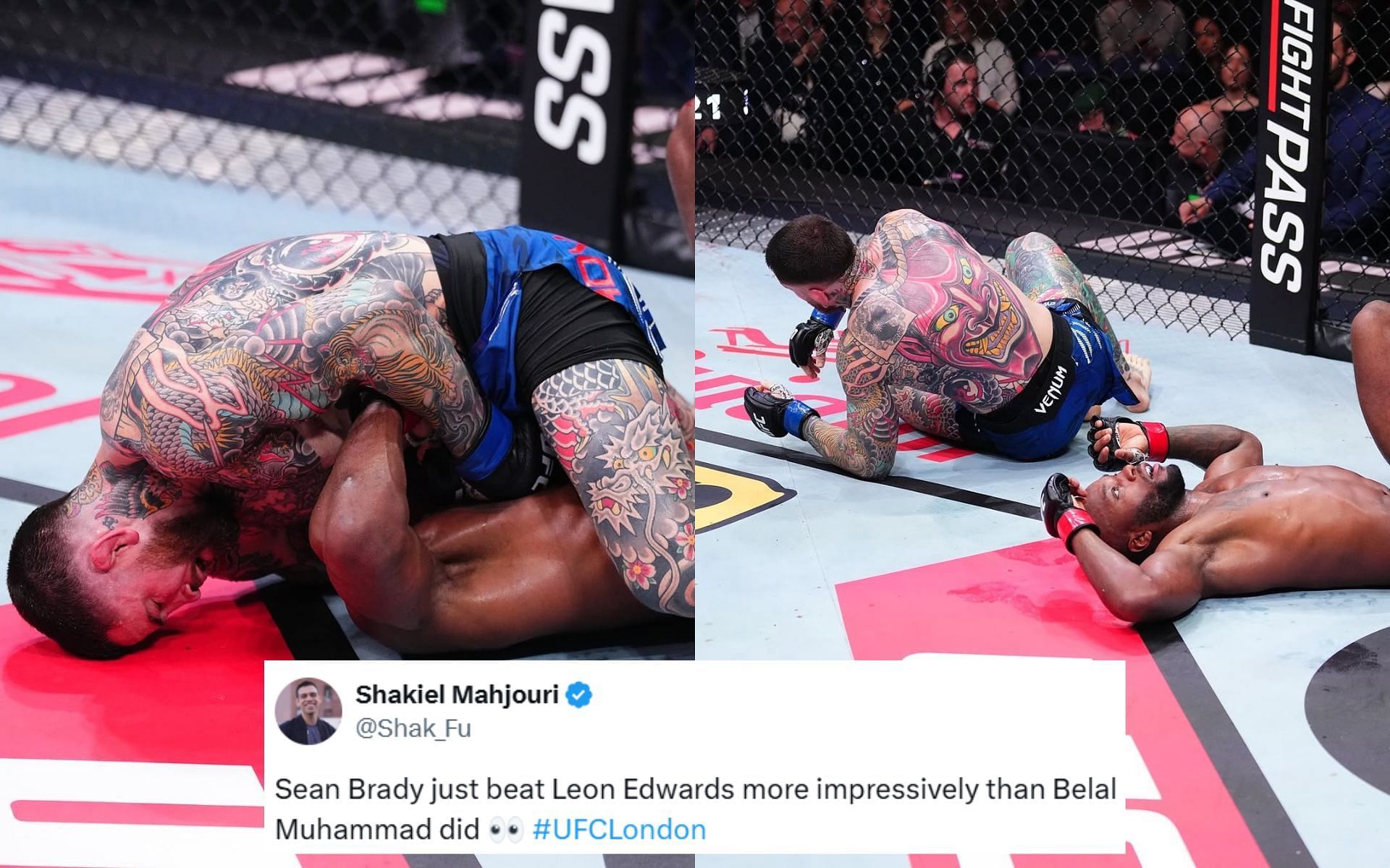 Sean Brady (blue shorts) handed Leon Edwards the first submission defeat of his professional MMA career. [Images courtesy: @ufc on Instagram]