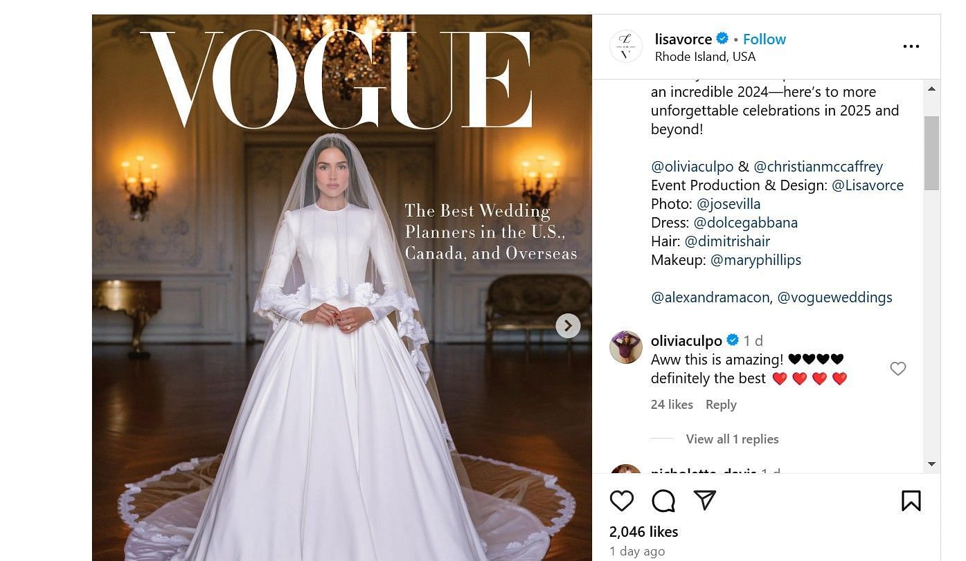 Christian McCaffrey&#039;s wife, Olivia Culpo on cover page of Vogue Wedding