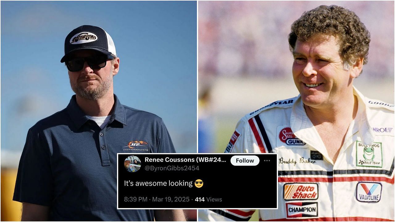 In Picture: Dale Earnhardt Jr. and late Buddy Baker (from Left) Credit: Getty Images. Fan reaction by: x.com/ByronGibbs2454