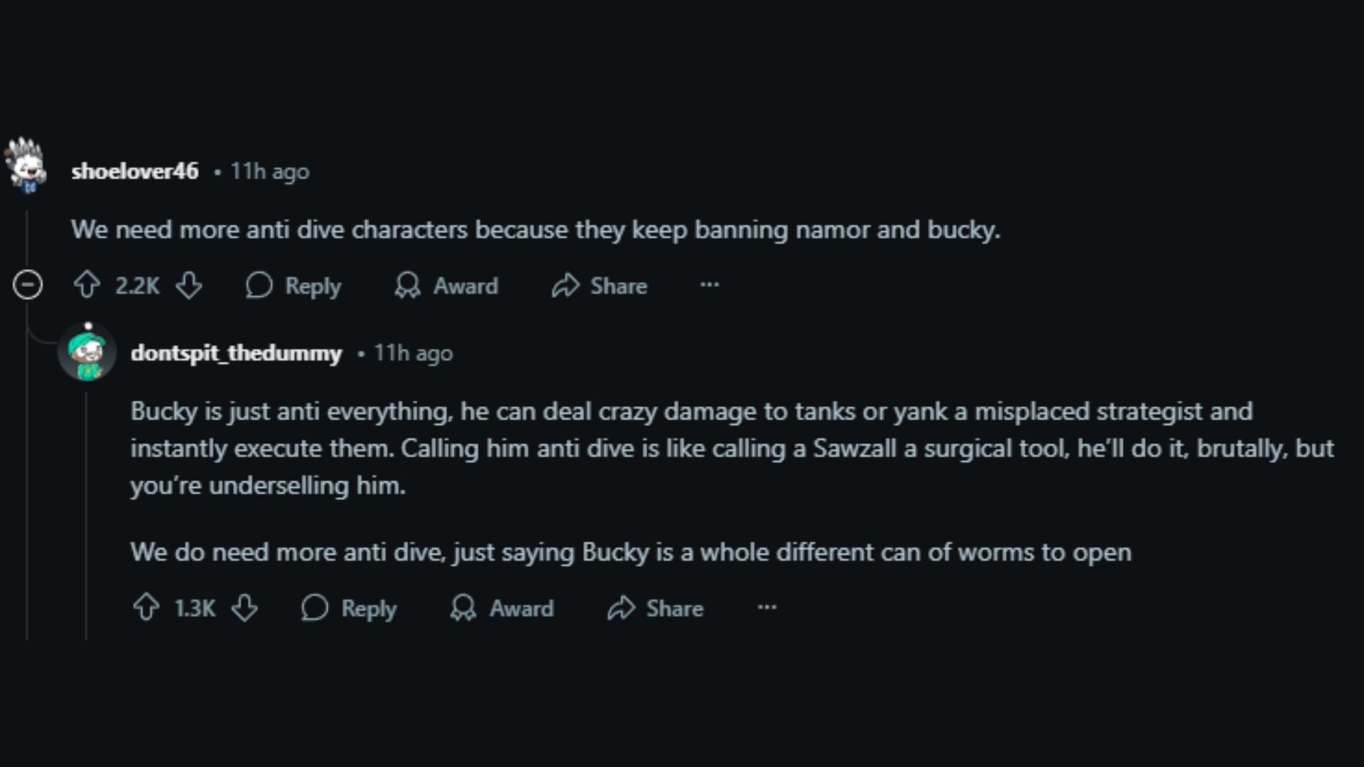 Reddit users expressing the need for anti-dive characters (Image via Reddit)