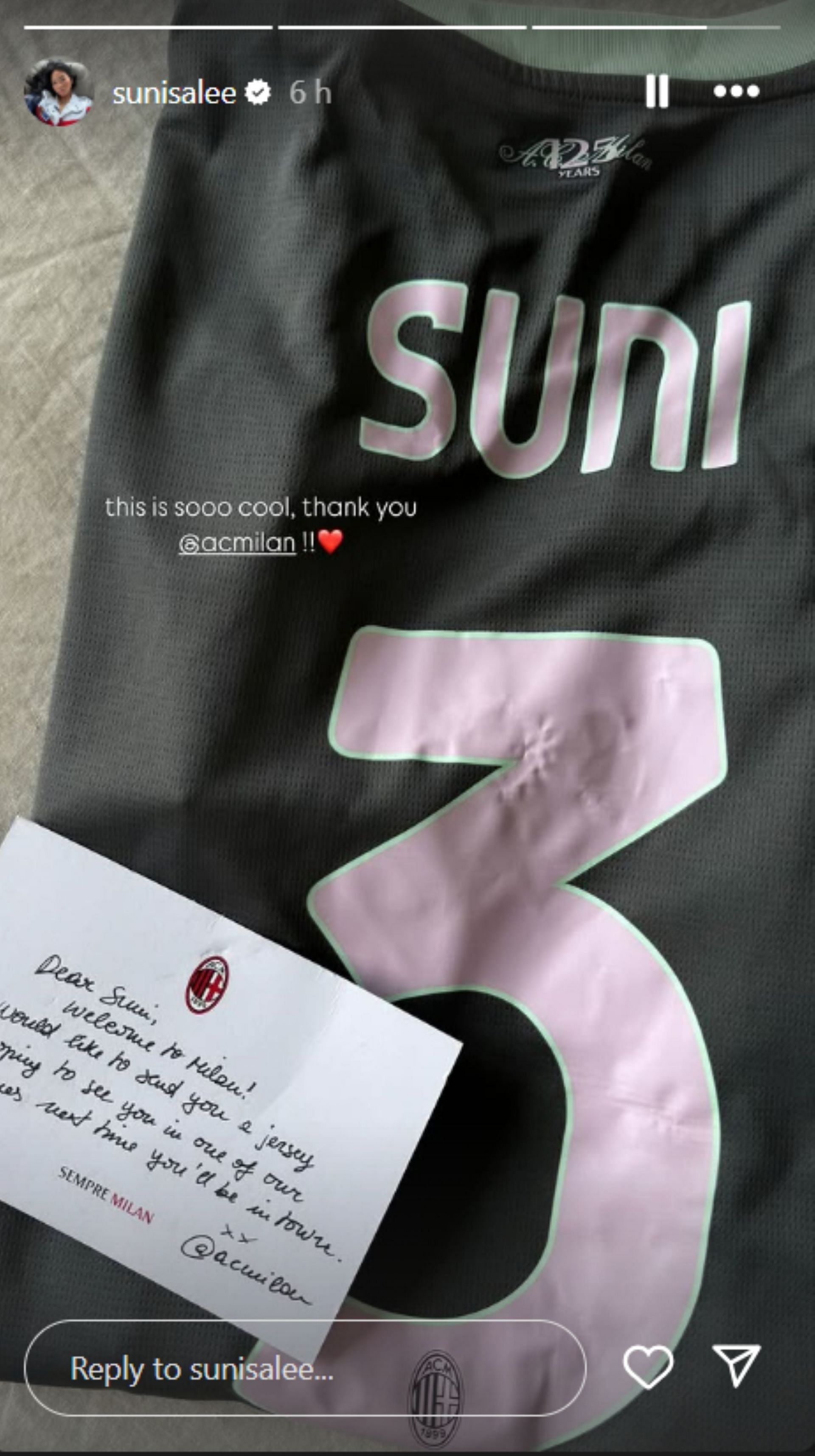 Suni Lee receives gift from AC Milan; Instagram - @sunisalee