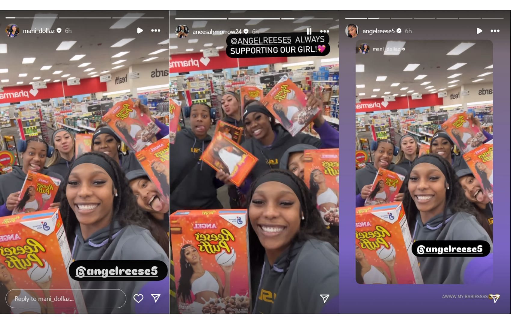 IG story exchange between Reese, Aneesah Morrow, and Amani Bartlett | via @mani_dollaz, @aneesahmorrow24, @angelreese5