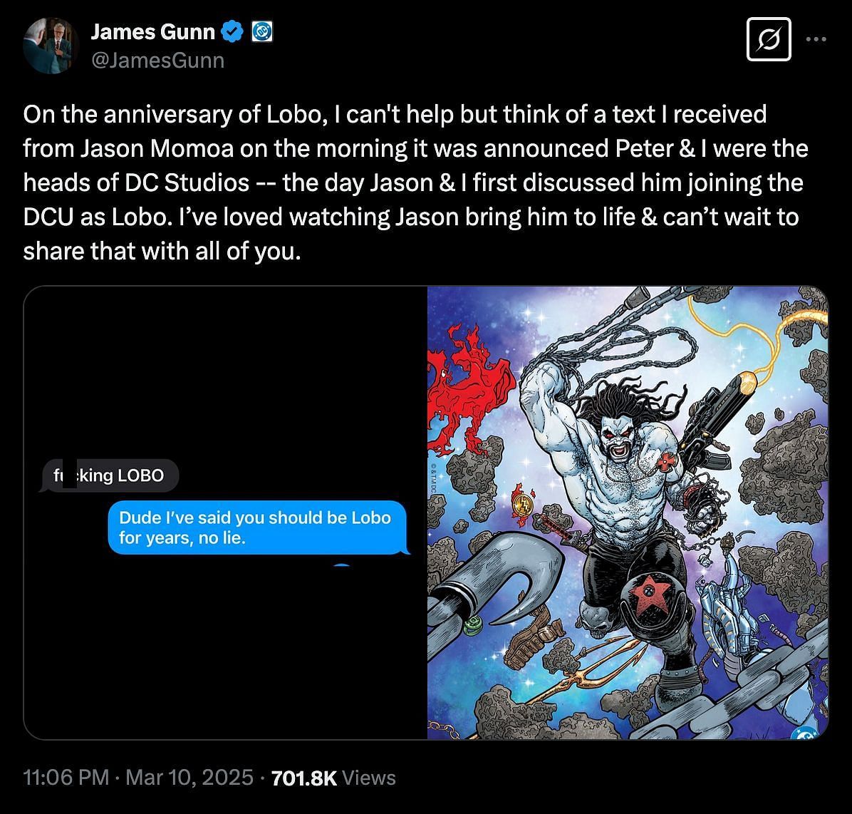 James Gunn&#039;s tweet about his text exchange with Jason Momoa (Image via X/@JamesGunn)