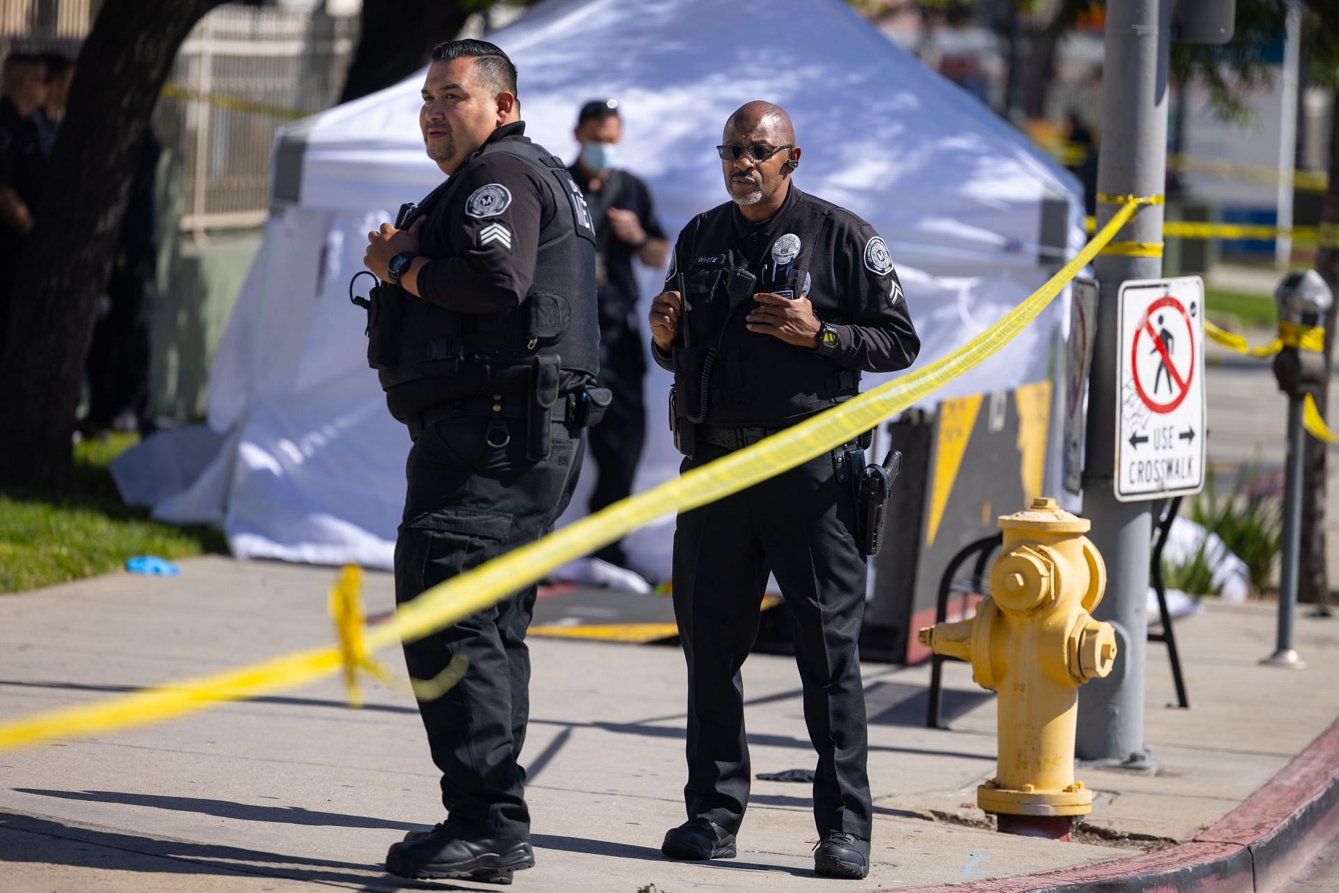 Police work the scene where a man who allegedly stabbed a security guard at a Metro B Line Station in Hollywood was fatally shot by a guard at the facility, according to authorities and Metro - Source: Getty