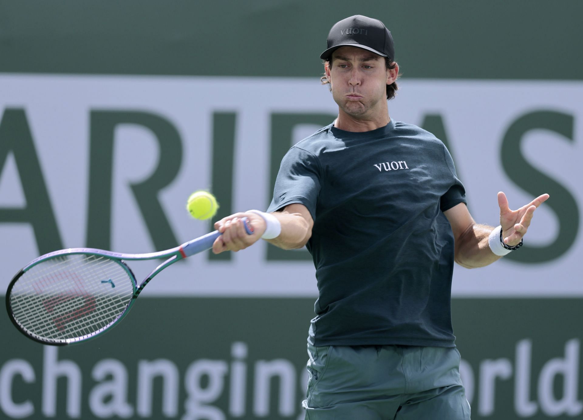 Tristan Boyer of the United States plays a forehand in his match against Aleksandar Vukic of Australia during the BNP Paribas Open at Indian Wells - Source: Getty