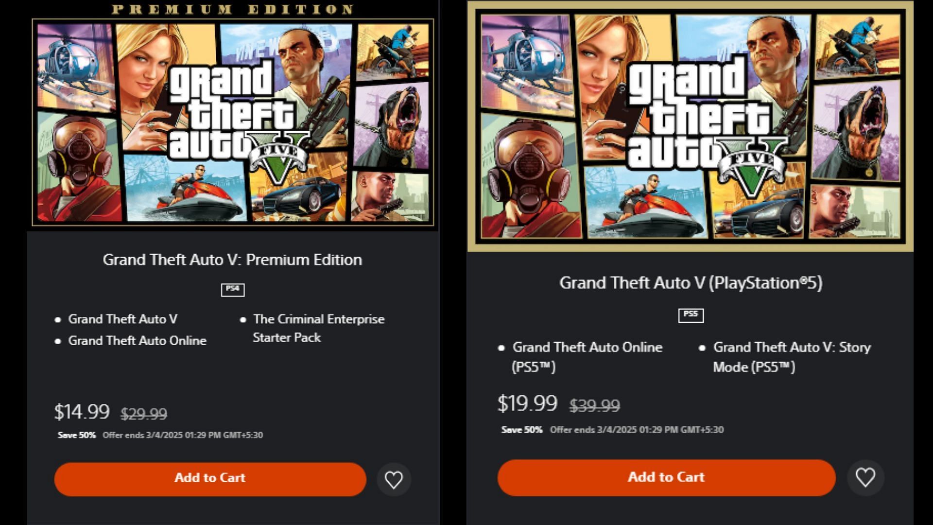 Pricing difference between Grand Theft Auto 5&#039;s PS4 (left) and PS5 (right) versions (Images via PlayStation)