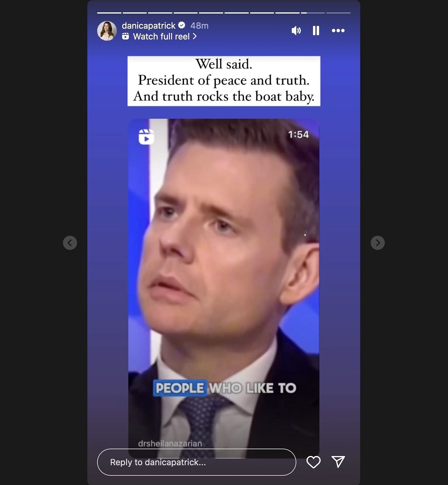 Screen grab of Danica Patrick&#039;s instagram story, sharing Matthew Goodwin&#039;s comments on Donald Trump [via instagram/@danicapatrick]