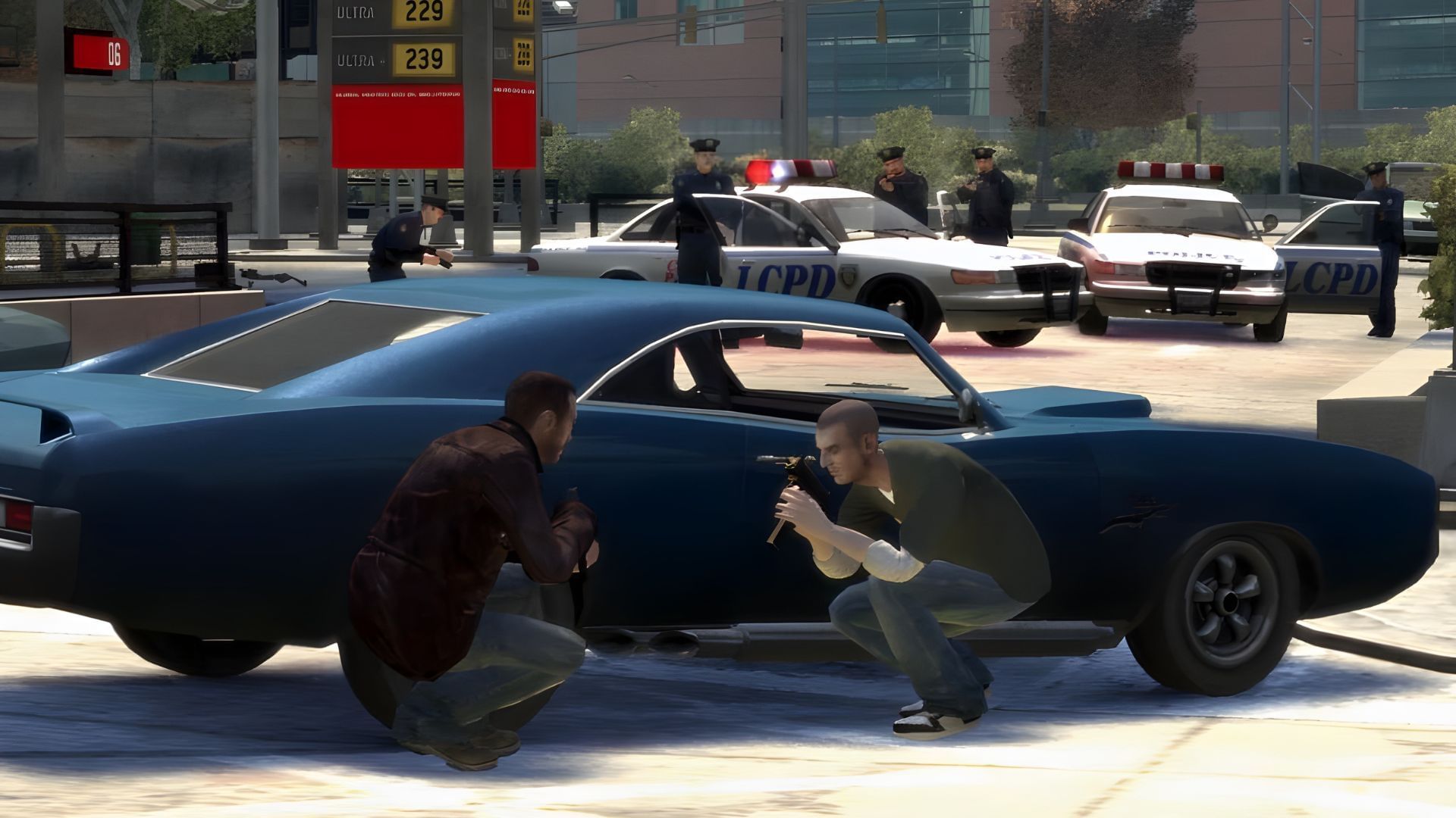 Niko and Packie McReary crouched behind a car (Image via Rockstar Games)