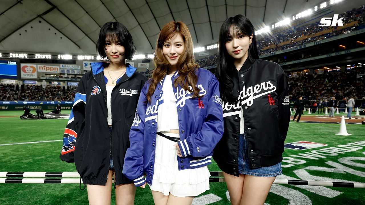 Momo (left), Sana (center), Mina (right) of the K-pop super group TWICE (Image from MLB on X)