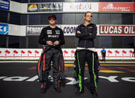 Tony Stewart (left) with wife top fuel driver Leah Pruett during qualifying for the NHRA Finals at In-N-Out Burger Pomona Dragstrip, November 10th 2023 - Source: Imagn