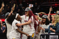 South Carolina Gamecocks center Kamilla Cardoso (10) reacts with guard Raven Johnson (25) during the trophy presentation after they defeated the Iowa Hawkeyes in the 2024 NCAA national championship game. Photo: Imagn