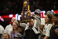The South Carolina Gamecocks celebrate during the trophy presentation after they defeated the Iowa Hawkeyes in the finals of the 2024 NCAA Tournament at Rocket Mortgage FieldHouse. Photo: Imagn