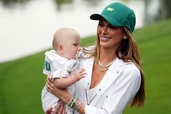 Jena Sims expresses happiness as Crew Koepka receives a golf club similar to Brooks Koepka