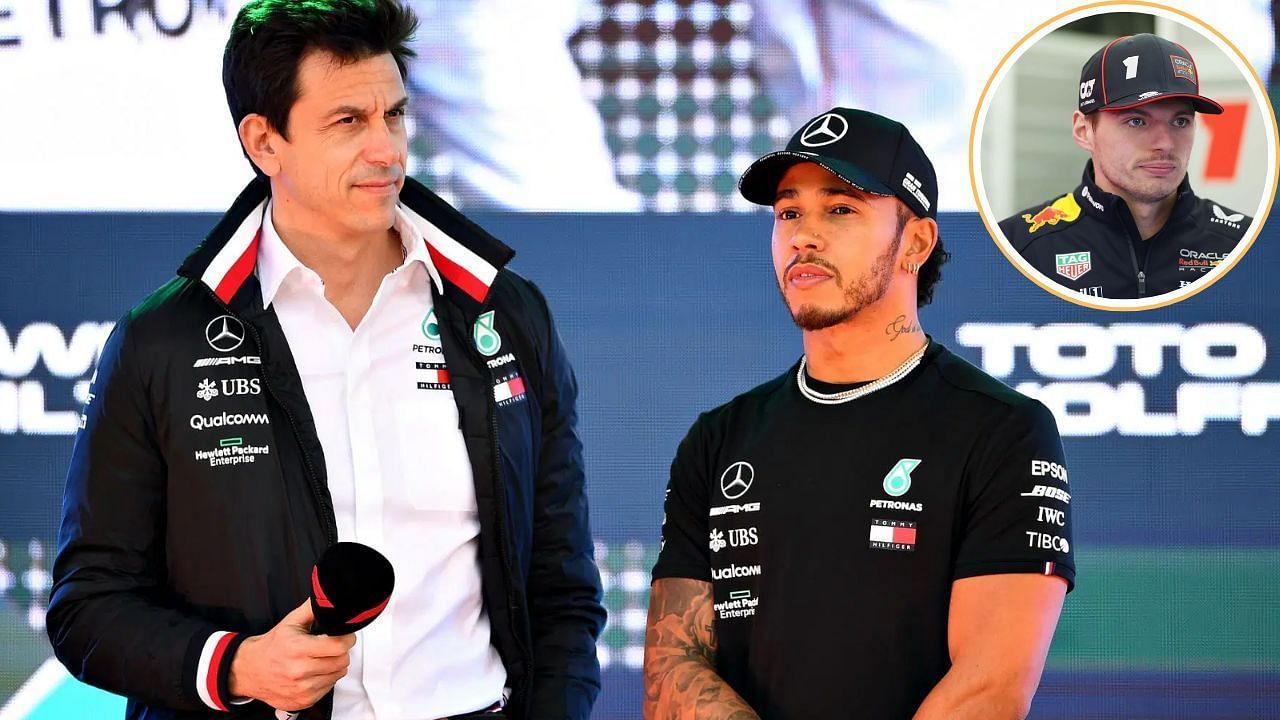 Toto Wolff with Lewis Hamilton [L] Max Verstappen [R] [Image Source: Getty]