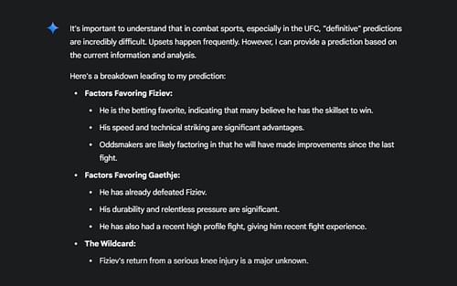 Screenshot of Google's AI prediction for Justin Gaethje vs. Rafael Fiziev 2, which co-headlines UFC 313