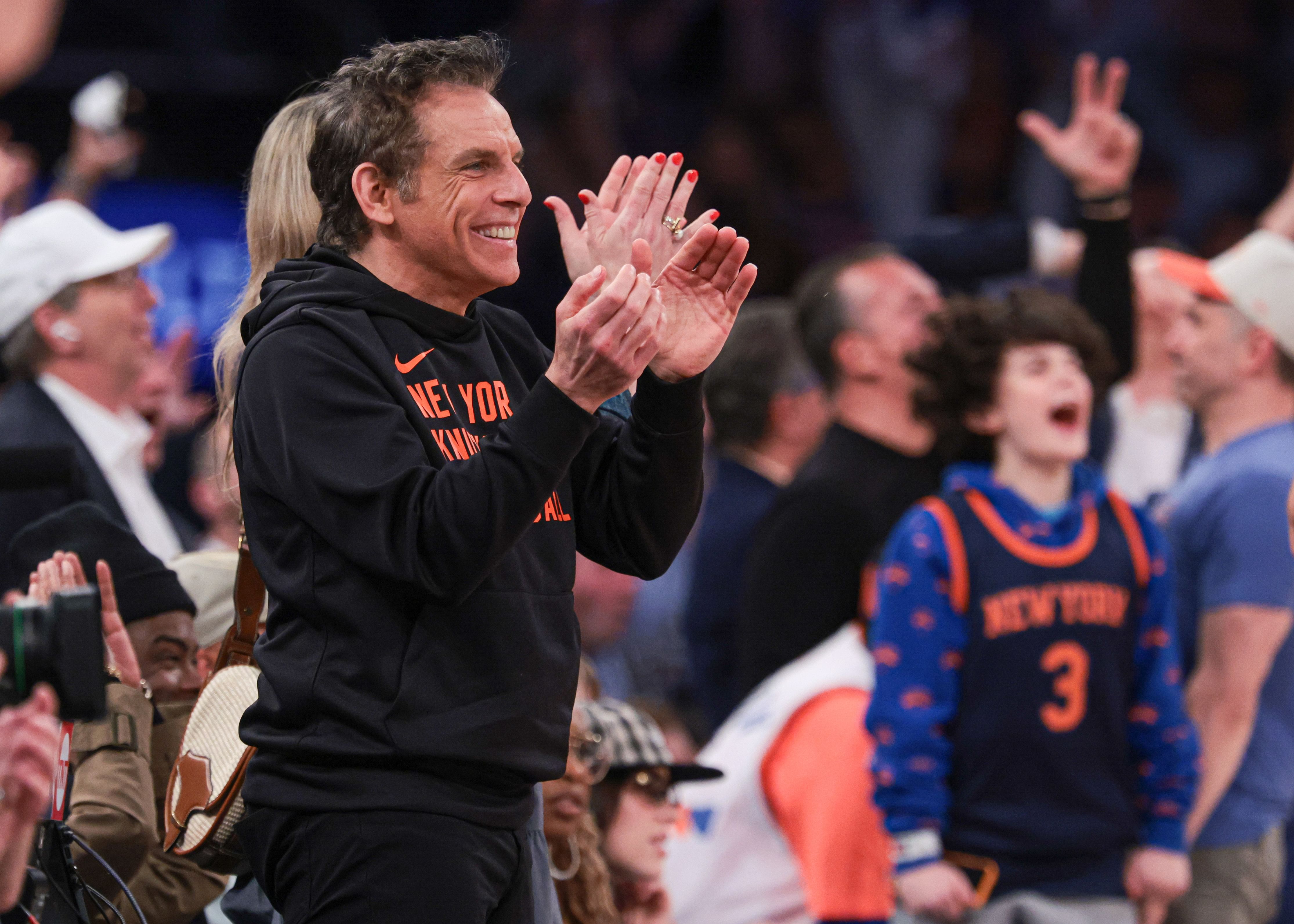 May 14, 2024; New York, New York, USA; Actor Ben Stiller celebrates during the first half during game five of the second round for the 2024 NBA playoffs between the New York Knicks and the Indiana Pacers at Madison Square Garden. Mandatory Credit: Vincent Carchietta-Imagn Images - Source: Imagn