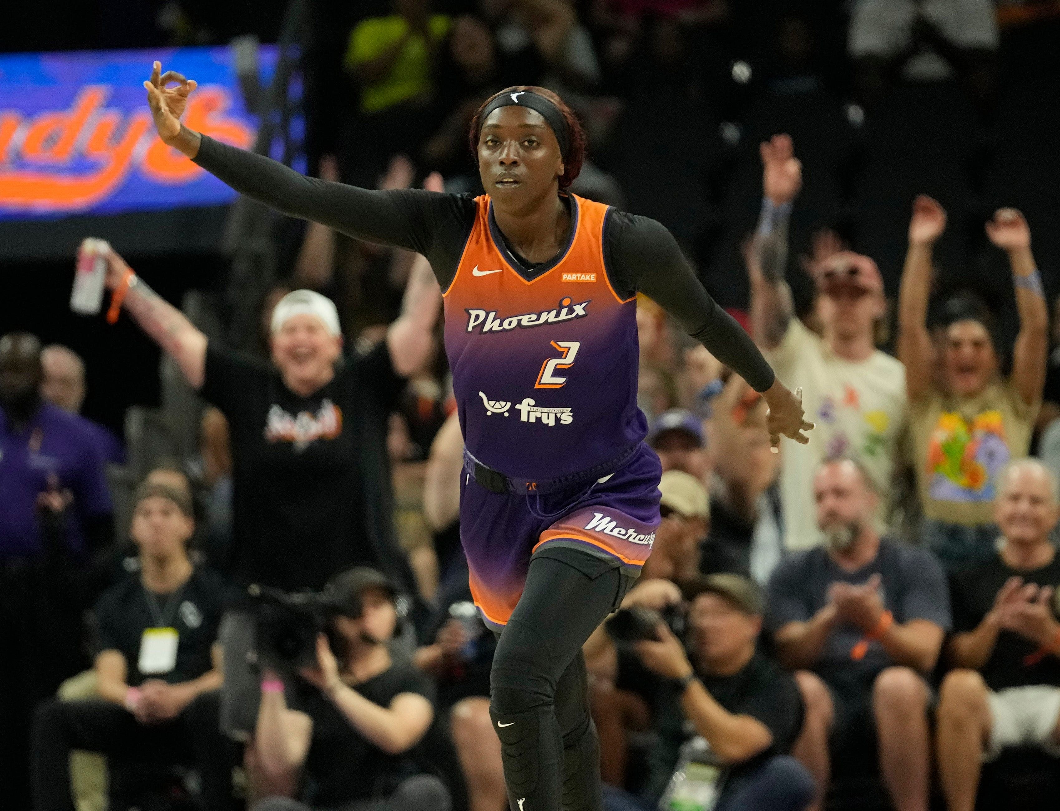 Phoenix Mercury guard Kahleah Copper celebrates after a three point basket against the Seattle Storm at Footprint Center in Phoenix. Photo Credit: Imagn