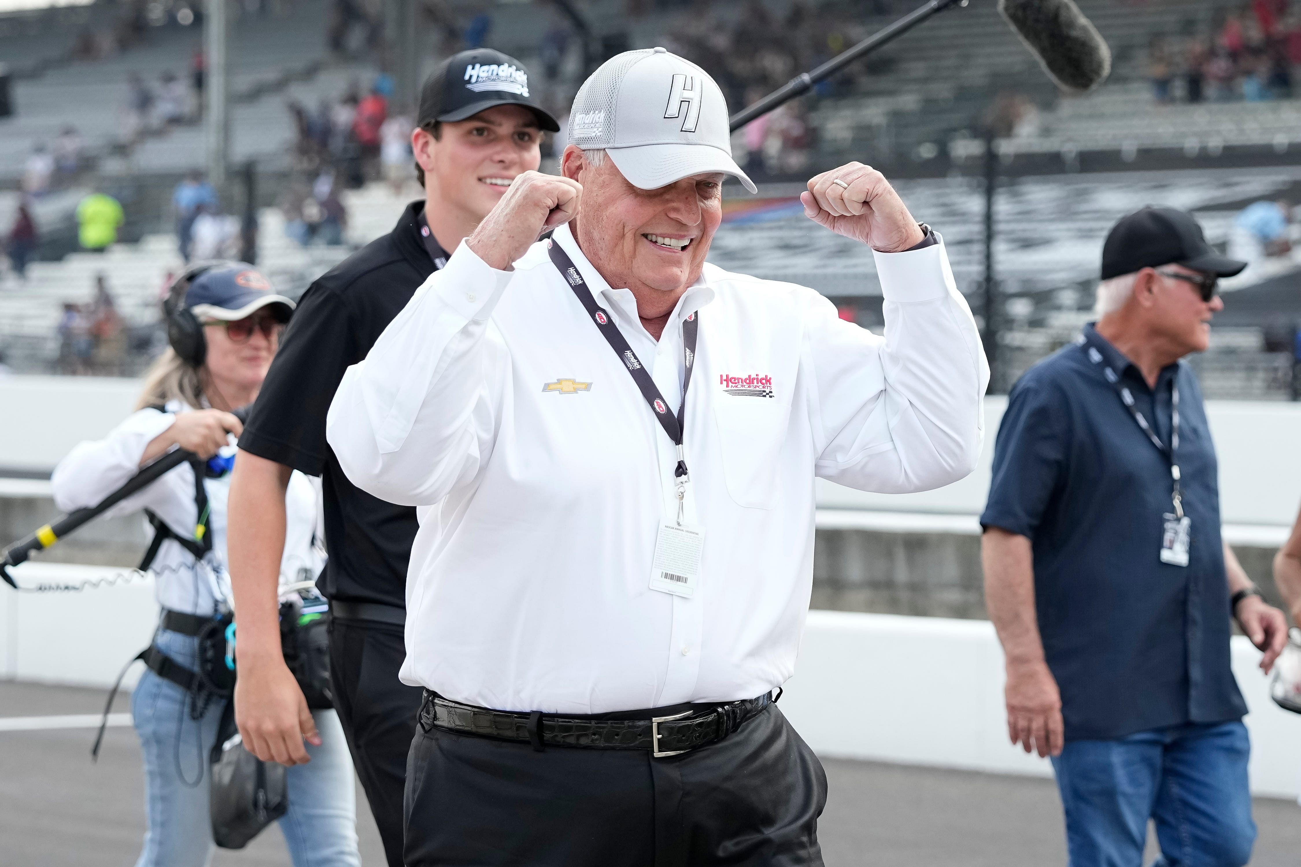 Rick Hendrick celebrates after his driver, Kyle Larson, won the Brickyard 400, Sunday, July 21, 2024, at Indianapolis Motor Speedway - Source: Imagn