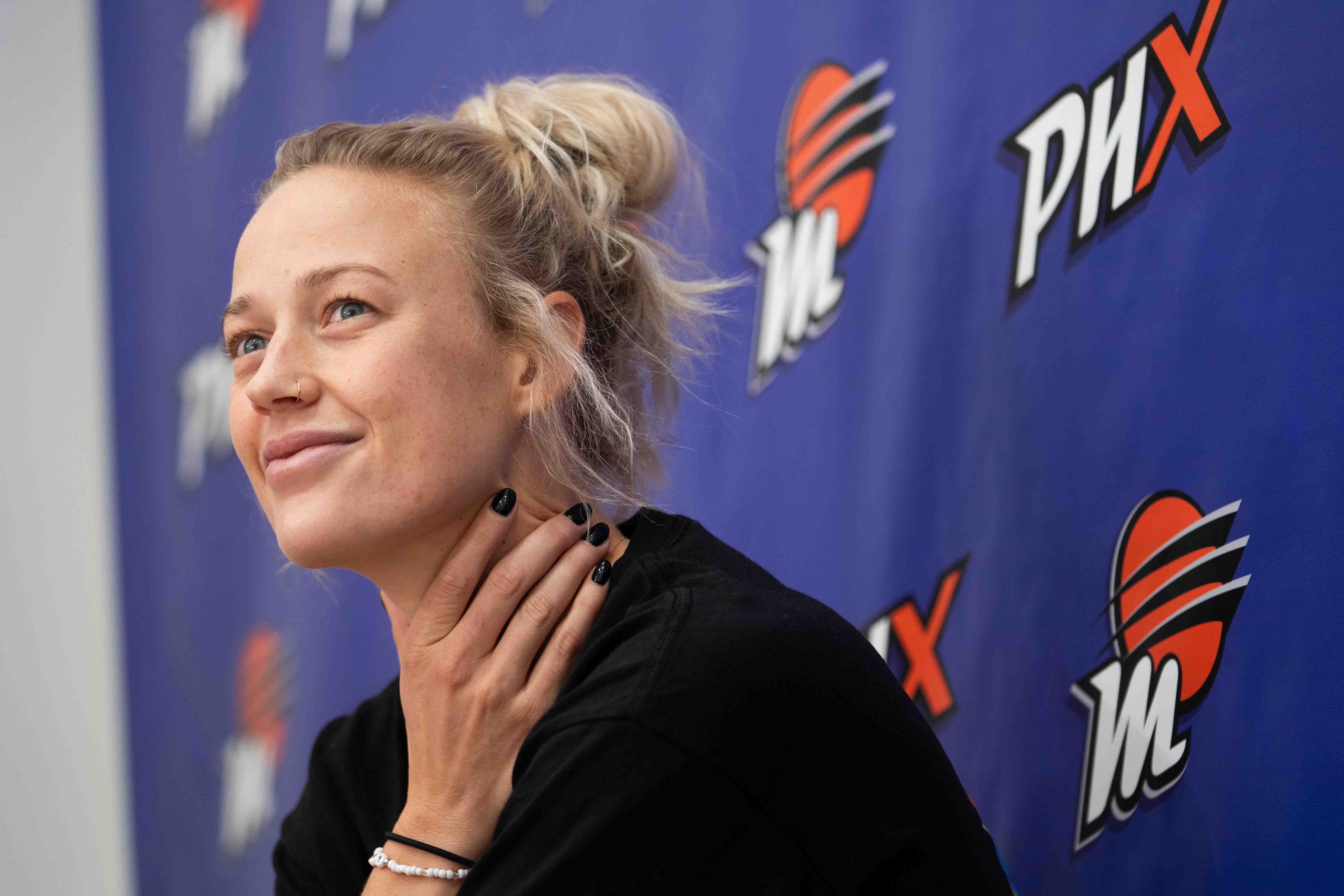 Sophie Cunningham speaks to members of the media at Player 15 HQ in Phoenix, Arizona. Photo Credit: Imagn