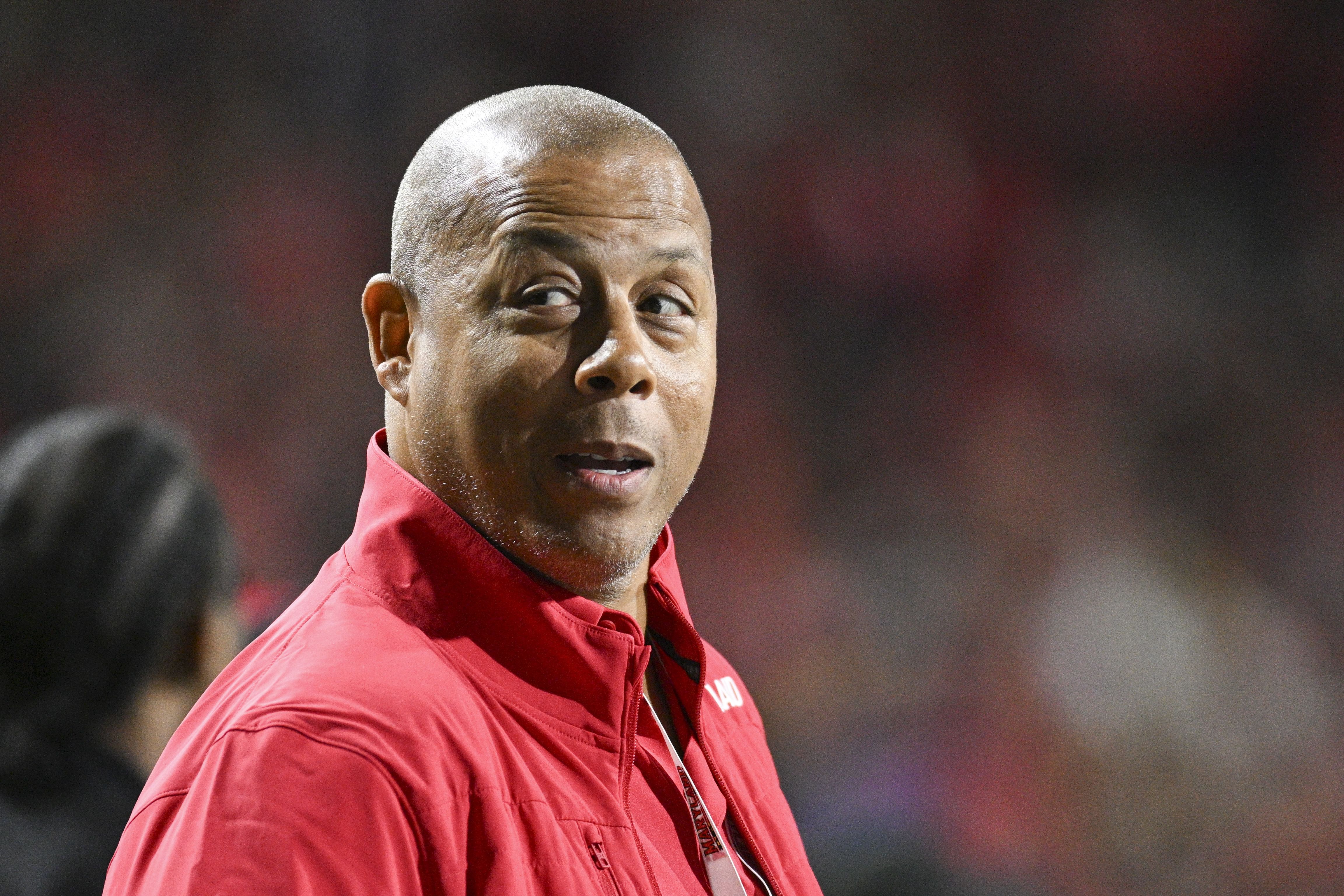 Oct 19, 2024; College Park, Maryland, USA; Maryland Terrapins athletic director Damon Evans on the sidelines during the second half Southern California Trojans at SECU Stadium. Mandatory Credit: Tommy Gilligan-Imagn Images - Source: Imagn