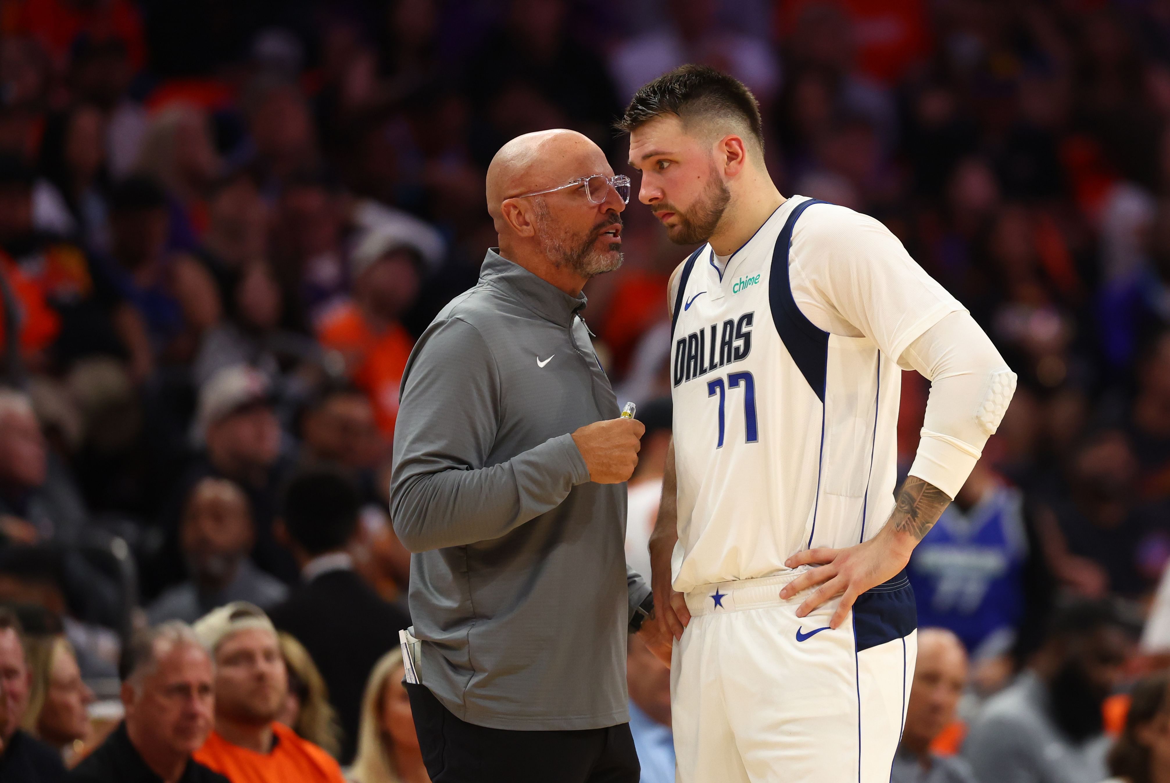 Oct 26, 2024; Phoenix, Arizona, USA; Dallas Mavericks head coach Jason Kidd with guard Luka Doncic (77) - Source: Imagn